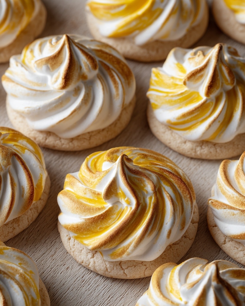 The image shows several lemon meringue cookies arranged closely together on a light wooden surface. Each cookie has three layers: the base is a round, light beige cookie with a soft texture; the middle layer is swirled white meringue with fluffy and soft peaks, lightly browned and toasted in spots; the top layer features thin, glossy yellow lemon curd swirled into the meringue, adding vibrant color and shine. The swirled meringue creates a floral-like pattern on each cookie, and the toasted areas add a warm golden brown contrast. The photo is taken up close, highlighting the textures and colors of the dessert. photo taken with an iphone --ar 4:5 --v 7
