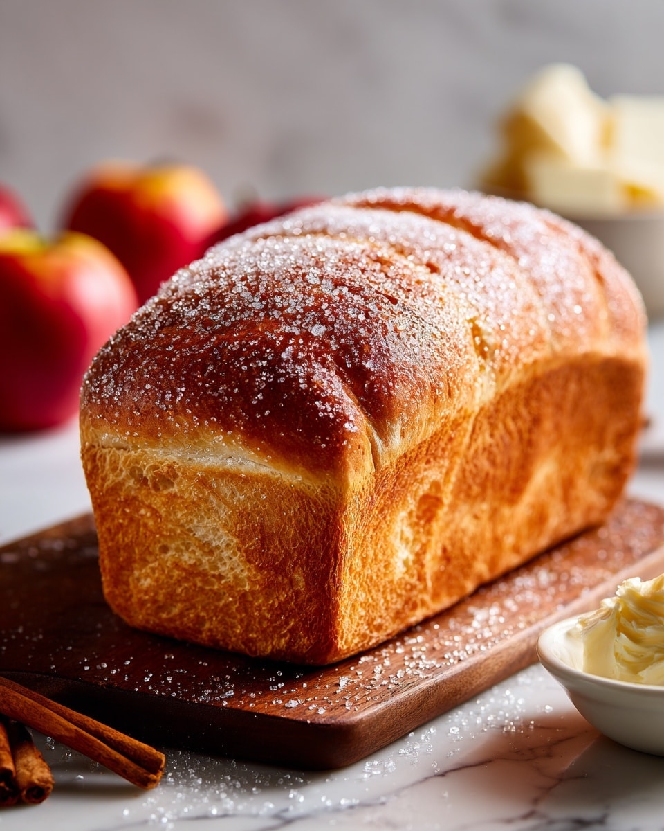A loaf of sugar-topped bread sits on a wooden board, showing a golden-brown crust with a rough, cracked surface covered with shiny sugar crystals. The bread's texture looks soft inside with small air holes visible on the crumb. Around the loaf, coarse sugar is scattered on the board. In the blurry background, there are two red apples, a cinnamon stick, and a small white bowl with a mound of butter, all set on a white marbled texture. photo taken with an iphone --ar 4:5 --v 7
