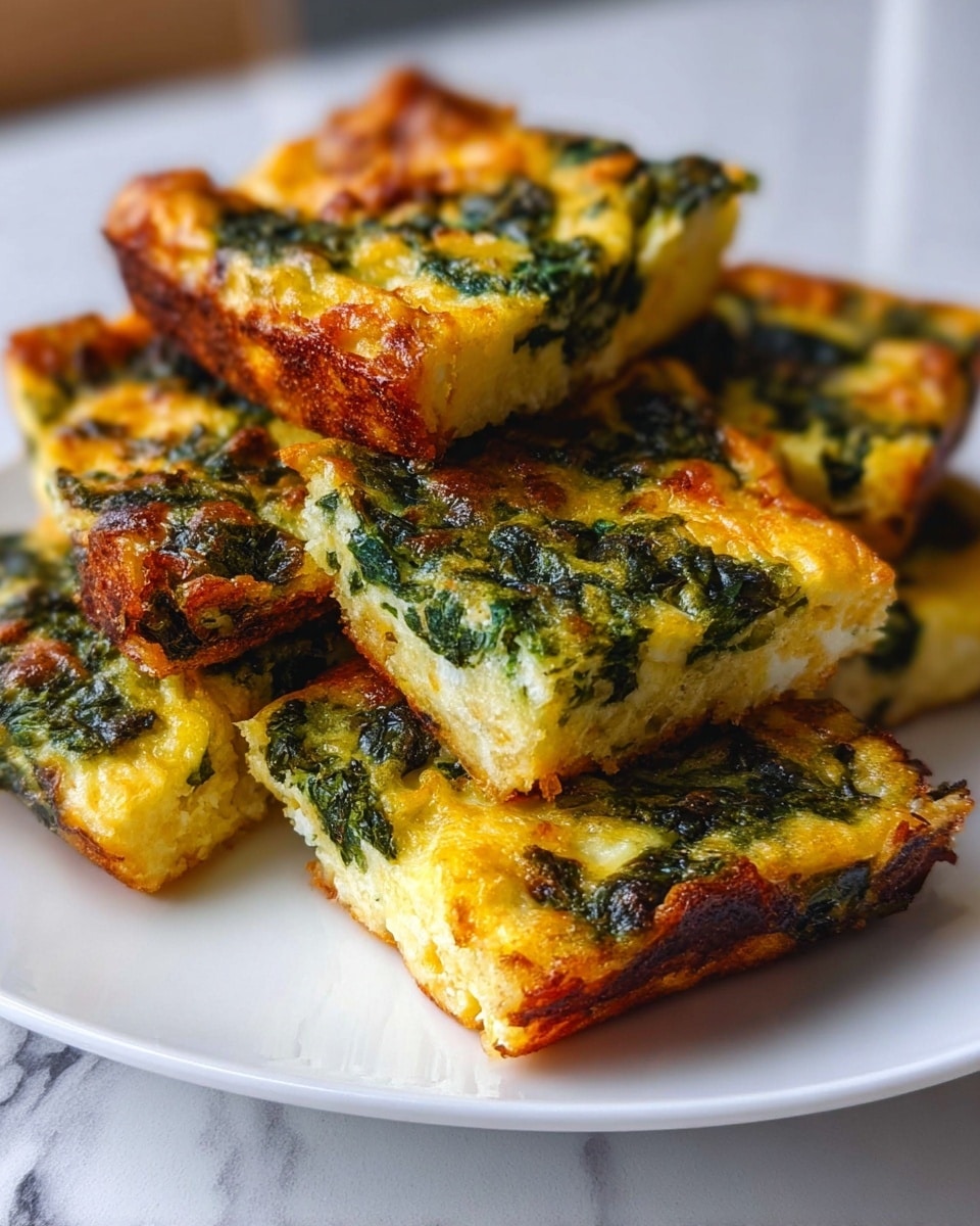 The image shows six square pieces of a baked dish served on a white plate placed on a white marbled surface. Each piece has two visible layers: a golden-brown, slightly crispy top layer with green leafy vegetables mixed throughout, and a soft, pale yellow inside layer suggesting a fluffy texture. The green vegetable bits are unevenly spread in the top layer, adding color contrast, and the edges have a crunchy, browned look. The pieces are stacked in a loose pile with some overlapping each other. photo taken with an iphone --ar 4:5 --v 7
