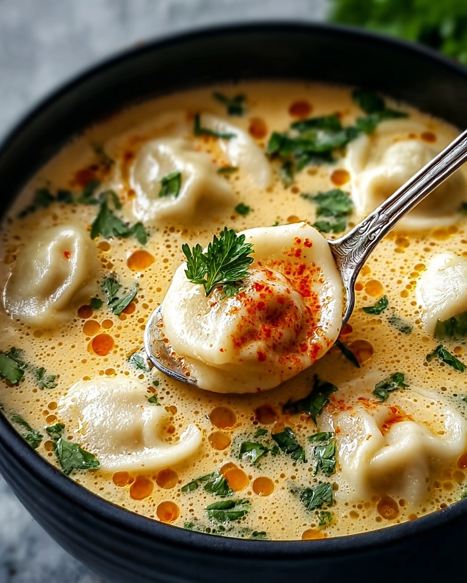 A black bowl filled with creamy light orange soup with small orange oil bubbles on the surface, containing several dumplings with smooth pale dough and wrinkled tops, each topped with fresh green parsley leaves. A silver spoon is partially dipped into the soup, holding one dumpling that has an orange-red spice sprinkled on top along with a parsley leaf. The background is a white marbled texture. Photo taken with an iphone --ar 4:5 --v 7