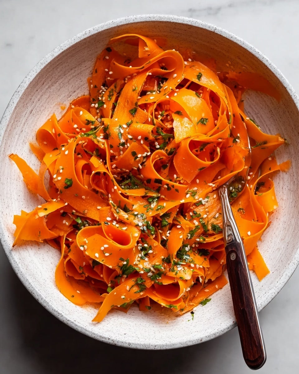 A bowl filled with bright orange carrot ribbons thinly sliced into long, wide curls, mixed with small white sesame seeds and chopped green herbs scattered evenly over the top. The carrot ribbons have a slightly glossy texture, showing they are lightly dressed. A silver spoon with a dark wooden handle rests inside the bowl, partially covered by the carrot ribbons. The bowl is white with light speckles, placed on a white marbled surface. photo taken with an iphone --ar 4:5 --v 7