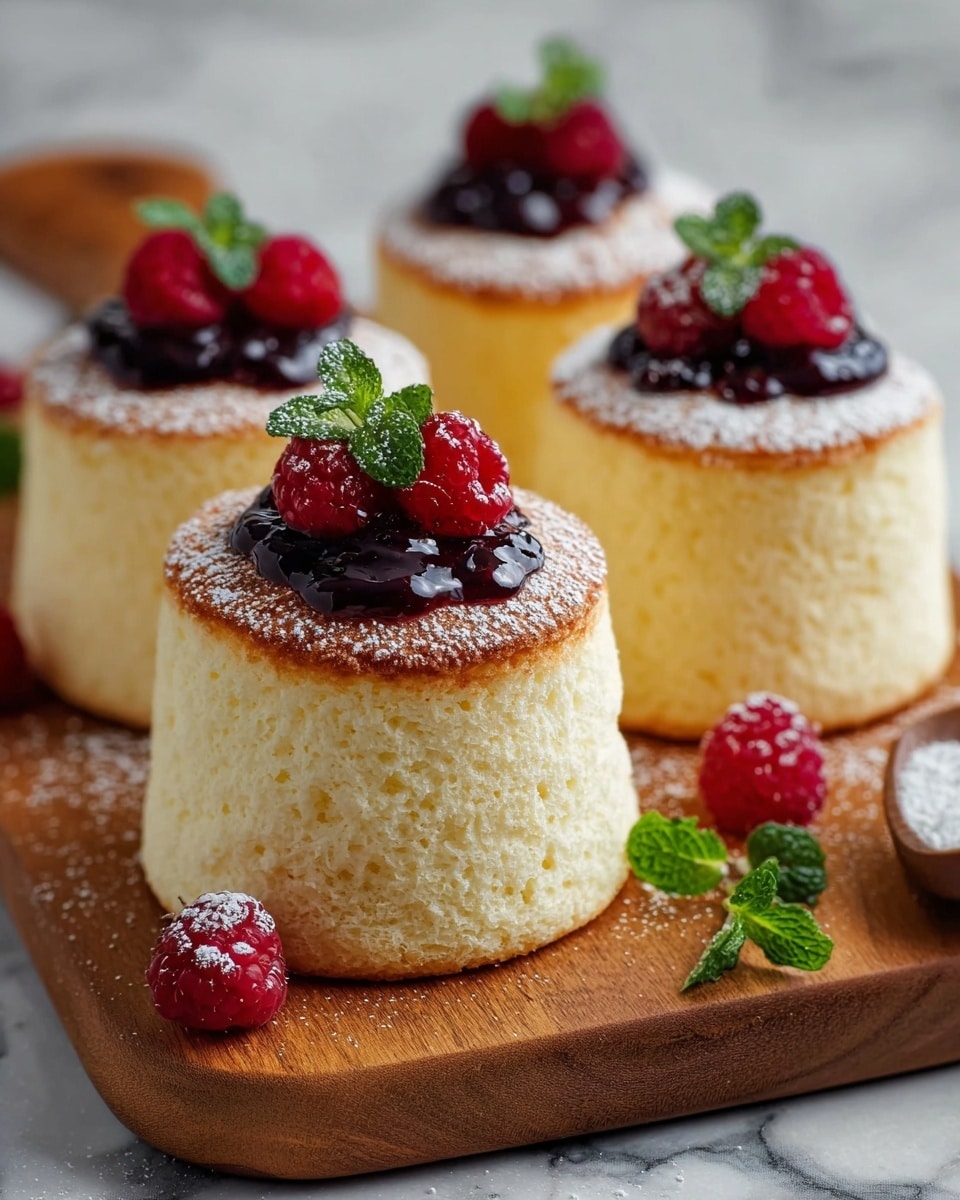 Four tall, light yellow, fluffy sponge cakes with a soft, slightly golden brown top are arranged on a wooden board. Each cake has a dollop of dark purple jam on top, topped with a bright red raspberry and a small green mint leaf. A few extra raspberries and mint leaves are scattered around the board. The cakes have a powder of white sugar dusted over them, adding a light sparkle. The background is a soft white marbled texture. photo taken with an iphone --ar 4:5 --v 7