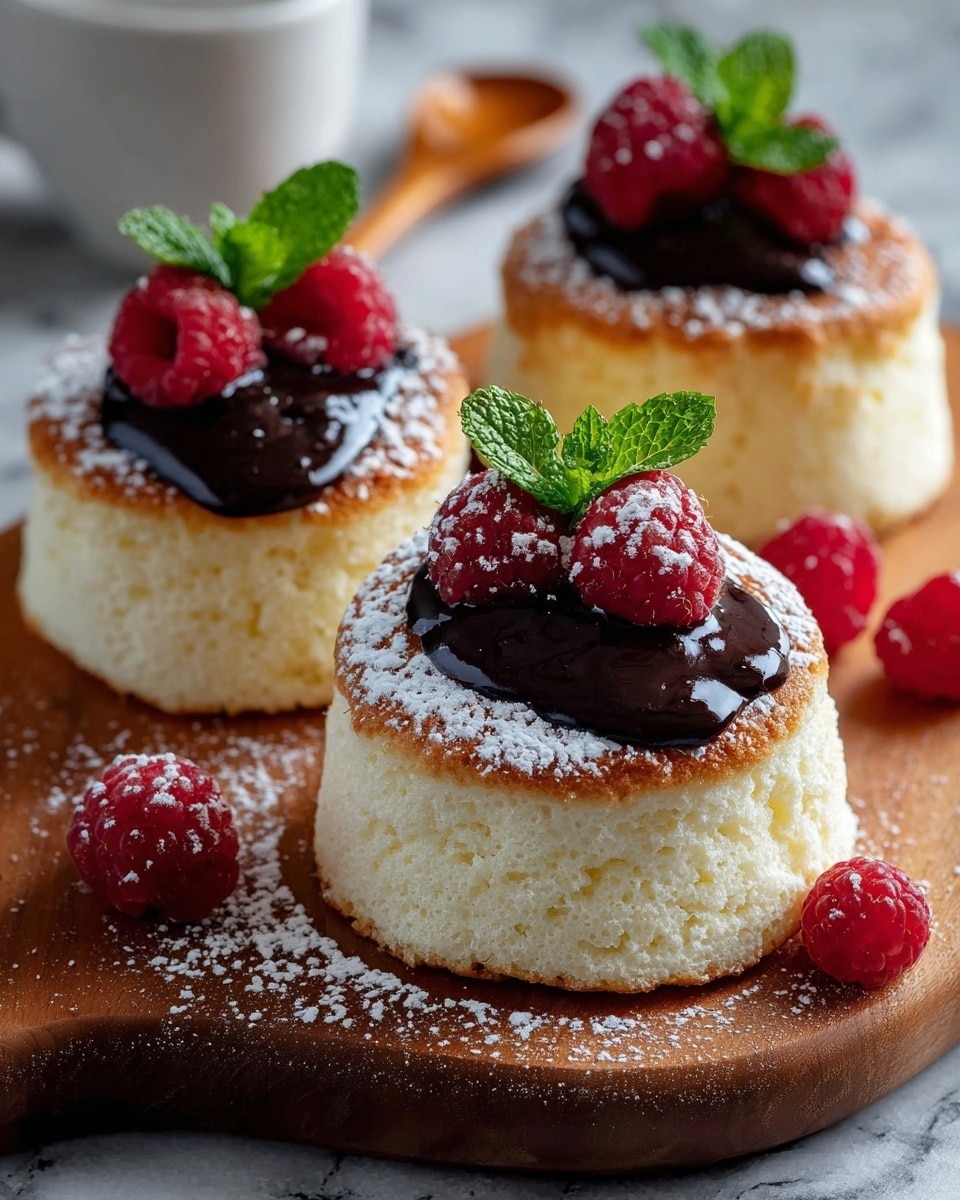Three small, round, fluffy white sponge cakes sit on a wooden board with a golden brown top layer. Each cake is topped with a dollop of dark, glossy chocolate sauce, a bright red raspberry, and a small fresh green mint leaf. Powdered sugar is lightly dusted over the cakes and the board. Around the cakes, a few extra raspberries are scattered. The background shows a white marbled texture with a blurred white cup and a wooden spoon. photo taken with an iphone --ar 4:5 --v 7