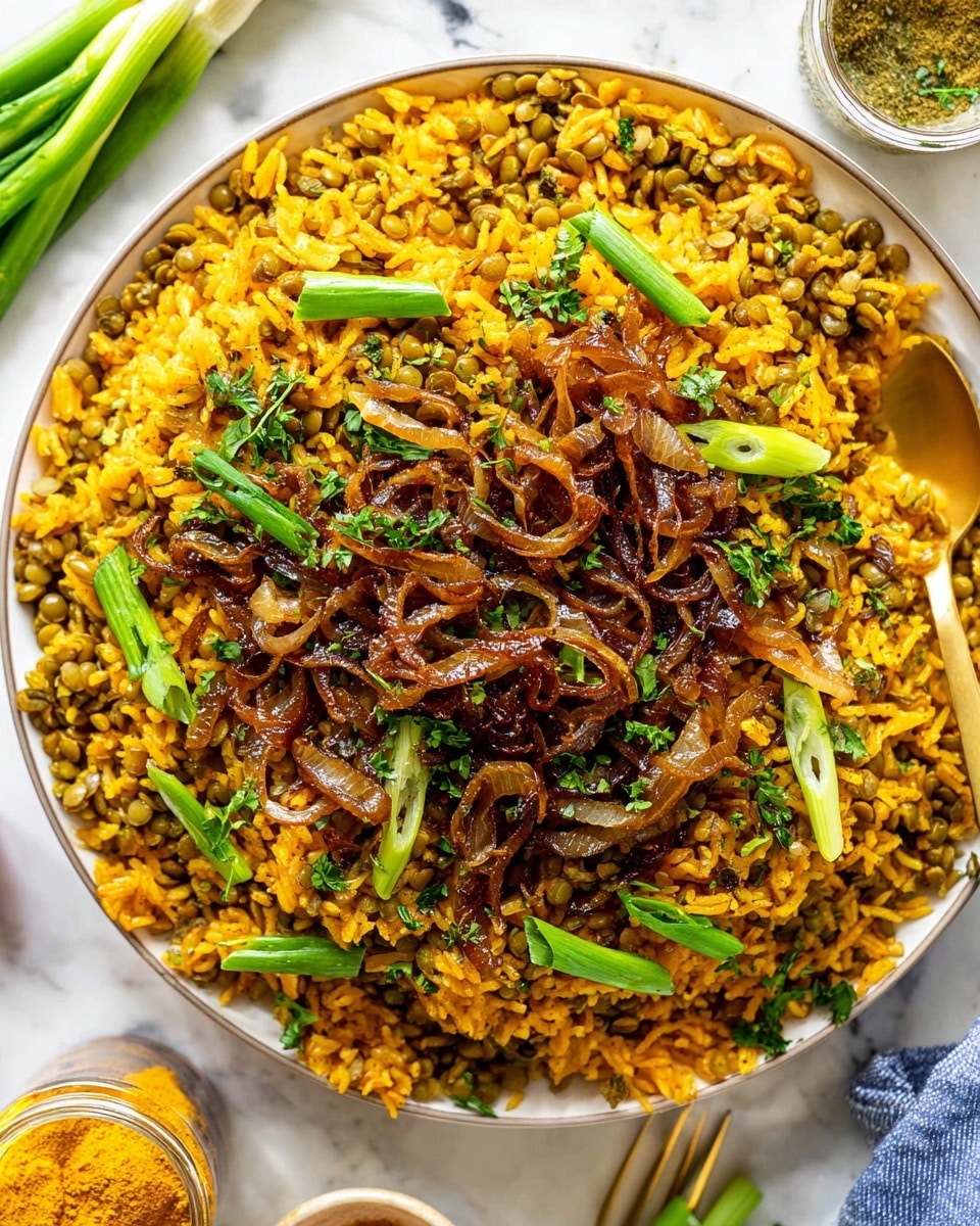 A large white plate filled with a mixed dish of yellow-orange rice and green lentils, showing a dense and slightly shiny texture. In the center, there is a layer of caramelized onions with a deep brown color and glossy texture, scattered with chopped fresh green herbs. Around the onions, sliced bright green spring onions are sprinkled evenly over the rice and lentils. The plate sits on a white marbled surface with some green onions and a small jar of yellow spice nearby. A gold spoon is partially buried in the dish on the right side. Photo taken with an iphone --ar 4:5 --v 7