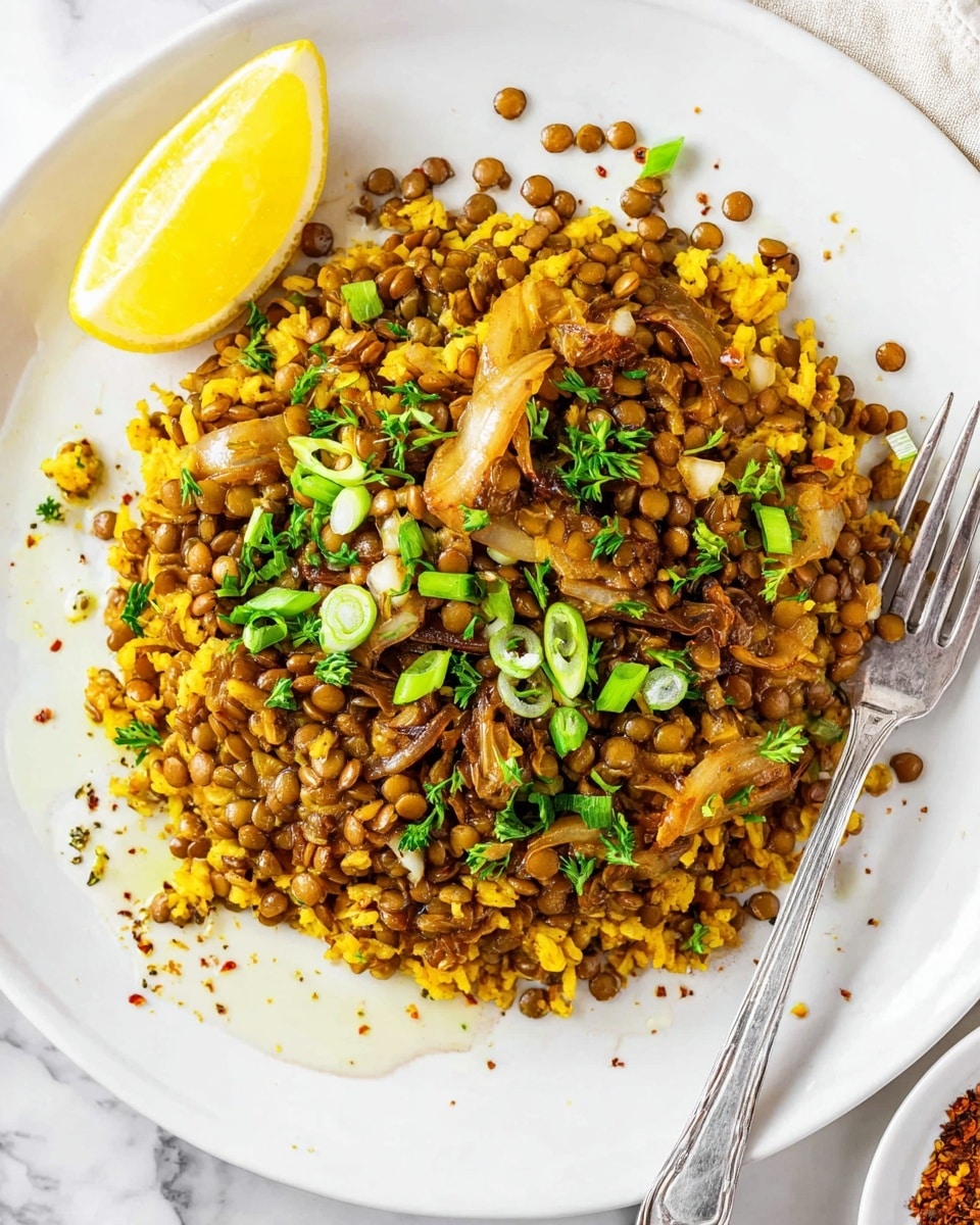A white plate holds a mixed dish of cooked lentils and yellow rice, forming one main textured layer dominated by small, round lentils and firm rice grains. On top, there are bits of caramelized onions adding a soft, slightly glossy brown layer scattered across the rice and lentils. Bright green chopped herbs and slices of green onion are sprinkled over the dish, adding fresh color and a hint of crunch. A lemon wedge is placed at the top edge of the plate, with some oil drops and small spice specks scattered around the dish edges. A silver fork rests on the right side of the plate, all set on a white marbled surface. photo taken with an iphone --ar 4:5 --v 7