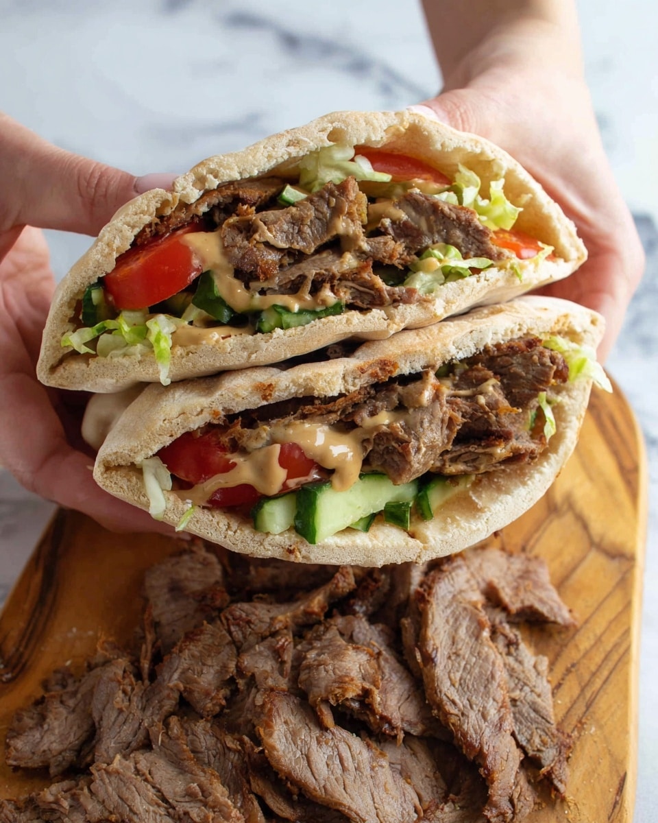 A close-up view of a pita sandwich held by two woman's hands, showing three main layers inside: at the bottom, shredded light green lettuce and cucumber slices; in the middle, thin slices of brown roasted meat; on the top, bright red tomato chunks and drizzle of light brown sauce. The pita bread is soft and light beige with a slightly toasted surface. Below the sandwich, there is a wooden board with extra slices of the same roasted meat spread out. The background has a white marbled texture. photo taken with an iphone --ar 4:5 --v 7