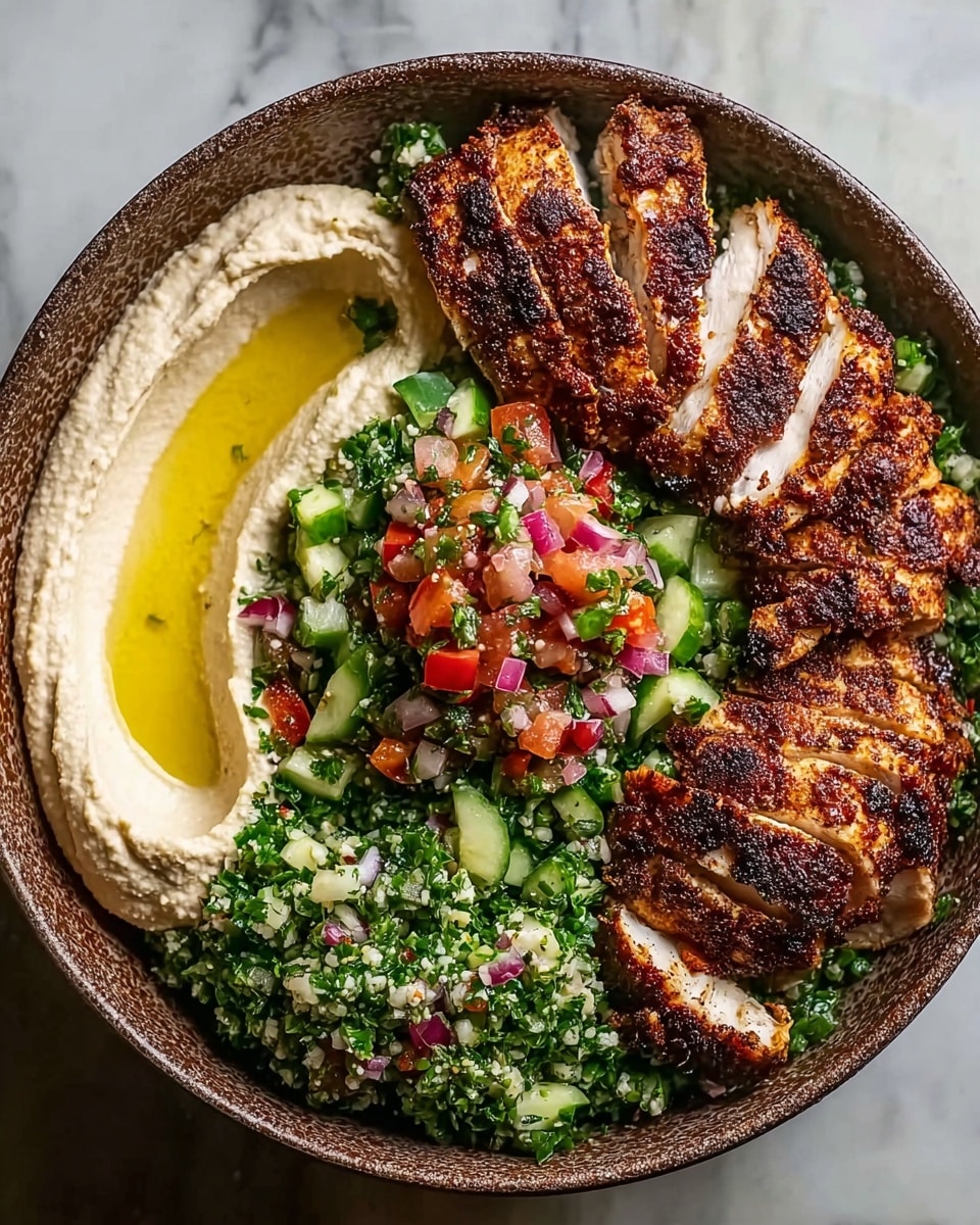 A round bowl filled with several distinct layers atop a white marbled texture. Starting from the left, there is a creamy layer of smooth beige hummus drizzled with golden olive oil. Adjacent to the hummus is a finely chopped green tabbouleh salad mixed with bits of light green cucumber and bright pink onion pieces. To the right of the tabbouleh is a small mound of diced red tomatoes and onions, mixed with green herbs, forming a fresh salsa in the center. On the upper side of the bowl, several slices of dark brown, grilled chicken with a crispy, textured crust and a light beige inside are arranged neatly. The layers show a vibrant contrast of creamy, green, red, and brown colors, all inside a round bowl placed on a white marbled surface. Photo taken with an iphone --ar 4:5 --v 7