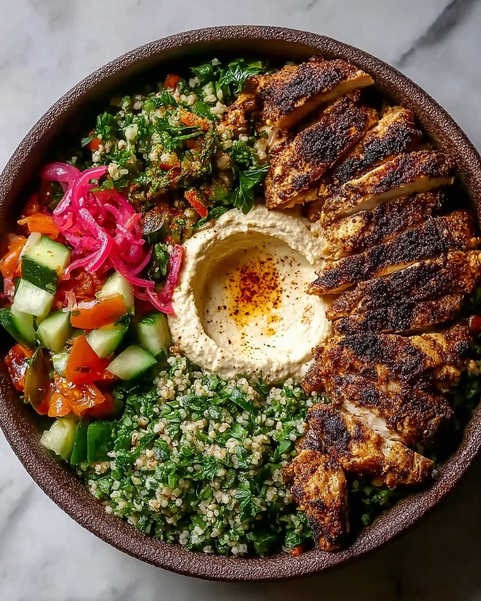 A round brown bowl filled with four main layers arranged in sections: at the top right, thick grilled chicken pieces with a dark brown crust and juicy inside; the bottom right holds a green tabbouleh salad with finely chopped parsley and bulgur; the middle has a smooth, light beige hummus swirl with a small pool of olive oil and spices on top; the left side contains a colorful mix of diced cucumber, tomato, and pickled red onions with fresh herbs. The bowl is placed on a white marbled surface. photo taken with an iphone --ar 4:5 --v 7