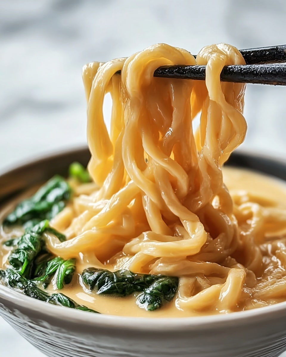 A close-up view of thick, glossy beige noodles being lifted by black chopsticks above a bowl filled with more noodles in creamy light brown broth. The bowl is white and holds some bright green leafy vegetables nestled among the noodles, adding a fresh contrast. The creamy broth looks smooth and rich, coating the noodles well, while the background shows a soft white marbled texture. photo taken with an iphone --ar 4:5 --v 7