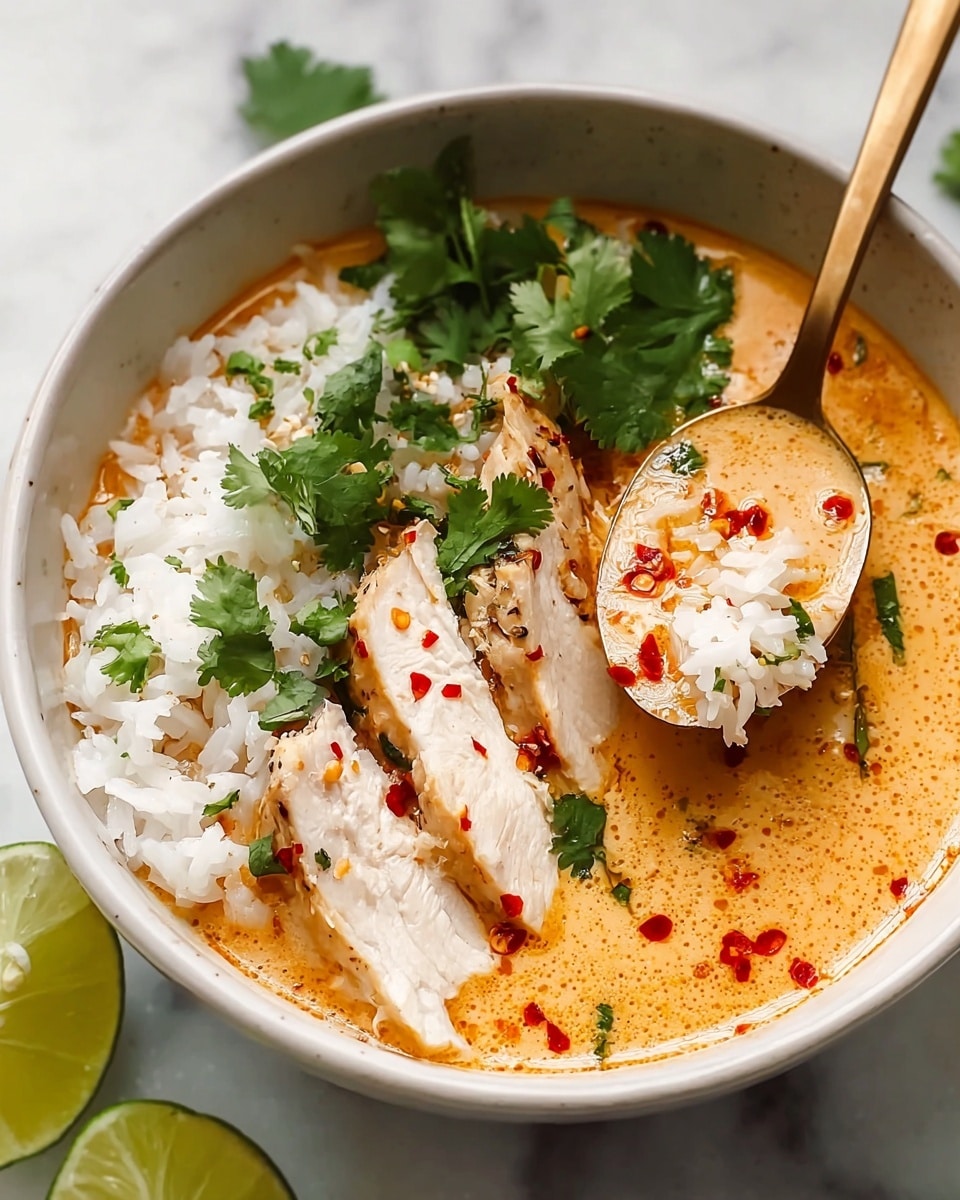 A white bowl holds a creamy orange soup filled halfway with white rice on one side and several slices of cooked white chicken breast arranged next to the rice. The soup has scattered drops of bright red chili oil floating on the surface. Fresh green cilantro leaves are placed on top of the rice and chicken. A bronze spoon lifts a scoop of rice mixed with broth and tiny chili flakes from the bowl. In the bottom corner, two halves of a fresh lime rest on a white marbled surface. Photo taken with an iphone --ar 4:5 --v 7