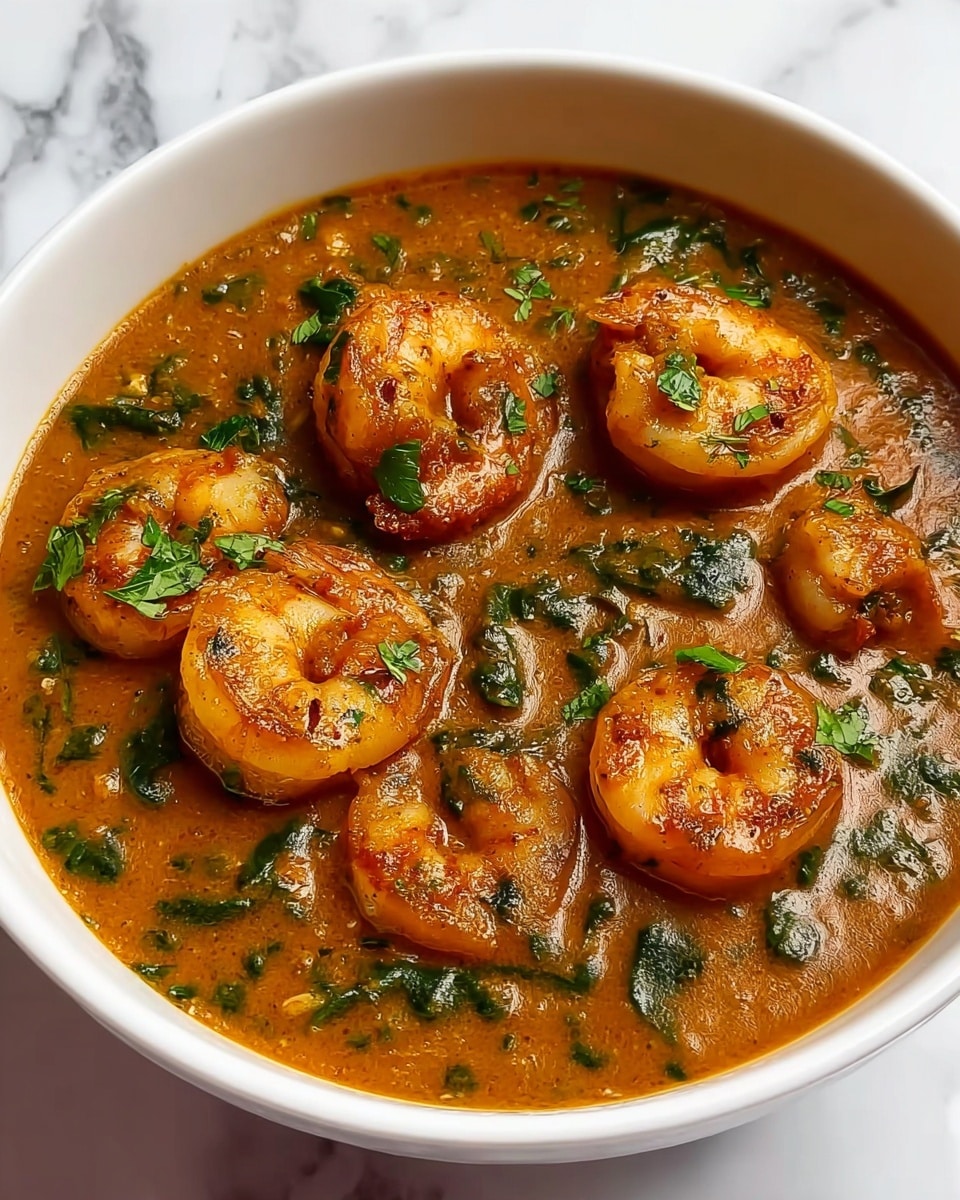 A white bowl filled with a rich, orange-brown sauce that has a smooth yet slightly chunky texture, containing visible green leafy pieces and herbs. On top, there are five plump shrimp, each with a glossy, lightly browned surface that contrasts with the sauce. The shrimp are arranged unevenly but spread across the bowl with some partially submerged. The background shows a white marbled texture, adding a clean and fresh look to the setting. Photo taken with an iphone --ar 4:5 --v 7