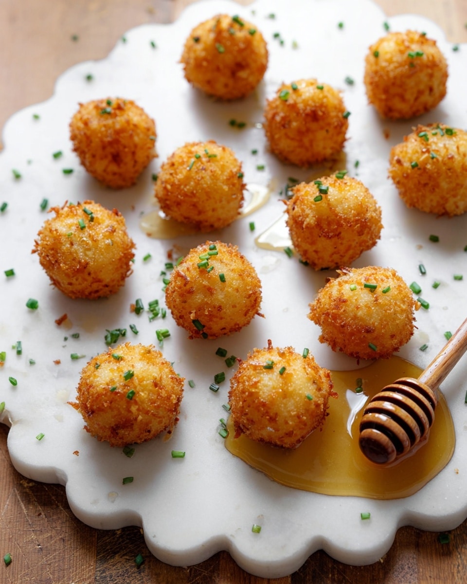 The image shows about sixteen golden-brown crispy fried balls arranged in four scattered rows on a white scalloped marble board. Each ball has a crunchy textured surface and is sprinkled with small pieces of green chives. To the right side on the board, there is a wooden honey dipper sitting in a small pool of glossy honey that shines under the light. The white marble board sits on a wooden table that is out of focus in the background. The overall look is warm, fresh, and appetizing. photo taken with an iphone --ar 4:5 --v 7