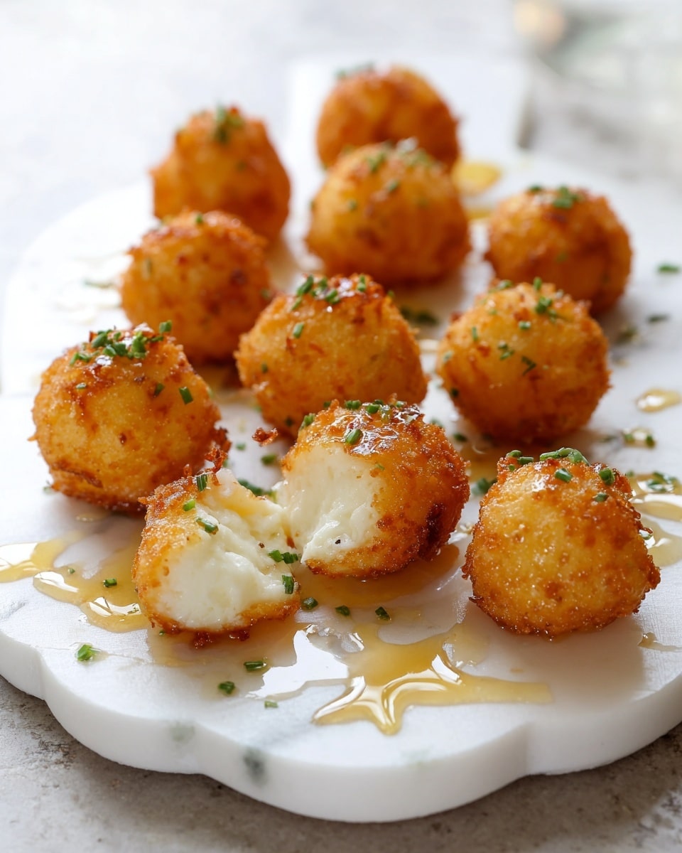 The image shows a white scalloped-edge board with several small, round, golden-brown crispy balls arranged on it. One ball is broken open, revealing a soft white inside. The balls are drizzled with a shiny light honey-colored syrup and sprinkled with small, finely chopped green herbs. The texture of the balls looks crunchy on the outside and soft inside. The background features a white marbled texture. photo taken with an iphone --ar 4:5 --v 7