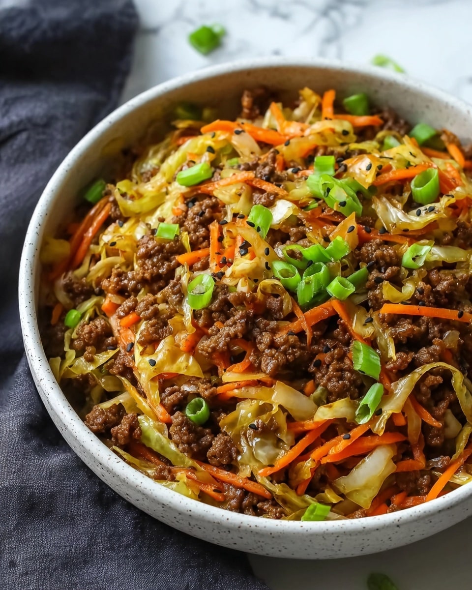 A bowl filled with a mixture of cooked ground beef, thinly sliced light green cabbage, and bright orange carrot strips, all mixed together evenly. Small pieces of green onion are scattered on top, adding a fresh green color contrast, while tiny black sesame seeds are sprinkled throughout. The bowl is white with a speckled texture, and the dish looks slightly glossy from a light sauce coating. The background is a white marbled surface with a dark cloth nearby. photo taken with an iphone --ar 4:5 --v 7