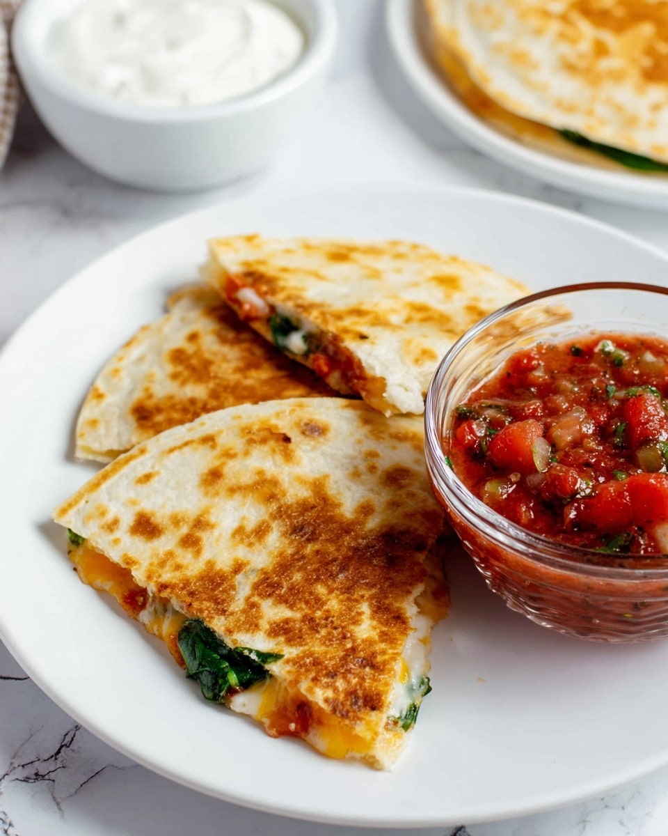 A white plate holds three golden-brown quesadilla triangles, each crispy on the outside with visible melted cheese and green spinach leaves peeking from inside. Near the top right of the plate sits a clear glass bowl filled with chunky red salsa, showing pieces of tomatoes and green peppers. In the background, there is a blurred white bowl of white sauce, and the whole scene is set on a white marbled surface. photo taken with an iphone --ar 4:5 --v 7