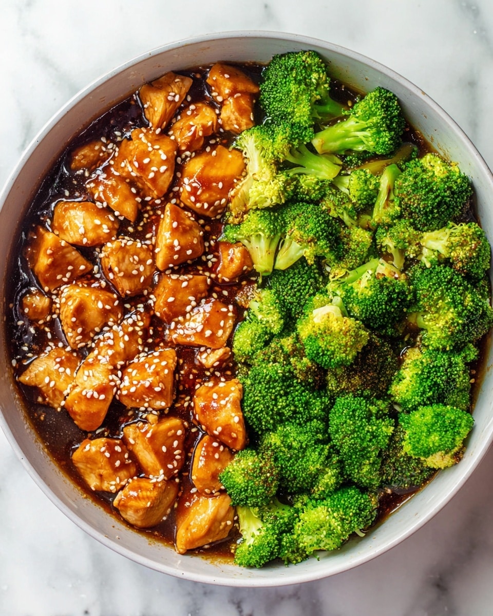 The image shows a single white bowl filled with two main layers separated vertically. On the left side, there are chunks of glazed chicken in a shiny, dark brown sauce sprinkled with white sesame seeds. The chicken pieces look tender and slightly caramelized. On the right side, fresh bright green broccoli florets are partially submerged in the same glossy sauce. The broccoli has a textured surface with small buds and thick stems. The bowl is placed on a white marbled surface. photo taken with an iphone --ar 4:5 --v 7