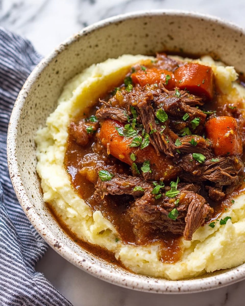 A close-up view of a white bowl with speckled edges, filled with two main layers: a smooth, creamy mashed potato base in off-white color covering the bottom half, and a thick, rich brown beef stew with visible shredded meat and large chunks of orange carrots on top. Small bits of green herbs are sprinkled over the stew, adding a touch of freshness. The bowl sits on a white marbled surface with part of a blue striped cloth visible nearby. photo taken with an iphone --ar 4:5 --v 7
