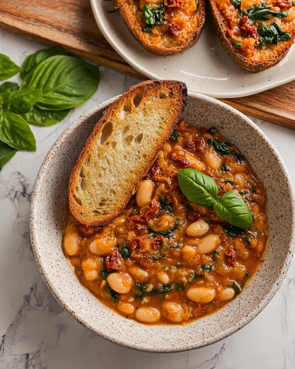 The image shows a white speckled bowl filled with thick, orange-colored bean stew mixed with chopped spinach, sun-dried tomatoes, and onions, creating a rich and chunky texture. Large white beans are visible throughout the stew with a drizzle of olive oil adding shine. A single basil leaf rests on top on the right side for a fresh green touch. A golden toasted slice of crusty sourdough bread leans inside the bowl on the left side. In the background, there is a white speckled plate with two pieces of toasted bread topped with the same bean mixture and fresh basil, all set on a white marbled surface with some fresh basil leaves placed to the left. photo taken with an iphone --ar 4:5 --v 7