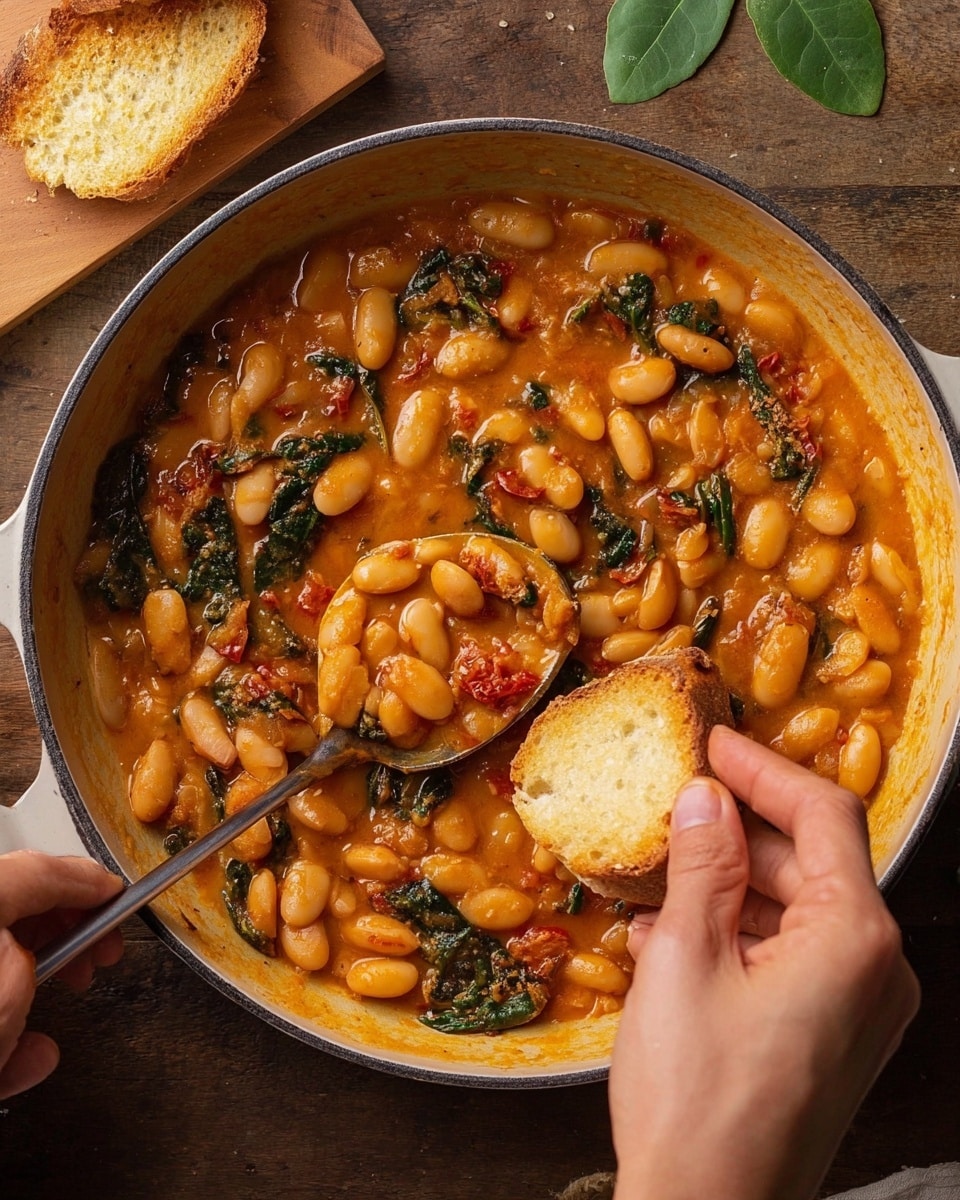 A white pan filled with a thick stew made of large white beans in a rich orange sauce with bits of dark green leafy vegetables and small pieces of red tomato or pepper. The beans are scattered all over, covered with the sauce that has an oily shine and a slightly chunky texture. A woman's left hand is holding a piece of light brown toasted bread, dipping it into the stew, while her right hand is holding a spoon scooping some beans and sauce. The wooden table beneath the pan contrasts with the stew colors, and a few green leaves rest on a wooden board in the top right corner. Photo taken with an iphone --ar 4:5 --v 7