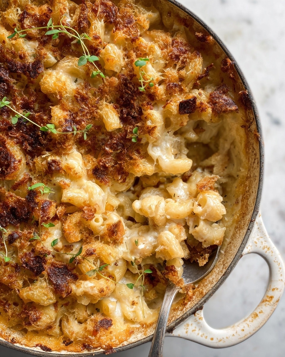 This close-up image shows a baked pasta dish in a white enameled cast iron pot with a handle. The dish has multiple layers, starting with soft, creamy macaroni pasta mixed with melted cheese underneath. On top, there is a thick, golden-brown crust of baked cheese and crispy breadcrumb bits. Scattered small green herb sprigs are placed on the top as garnish. The edges of the pot have browned, bubbling cheese sauce that looks rich and gooey, and a silver spoon rests inside the pot, scooping some of the pasta. The background is a white marbled surface. photo taken with an iphone --ar 4:5 --v 7