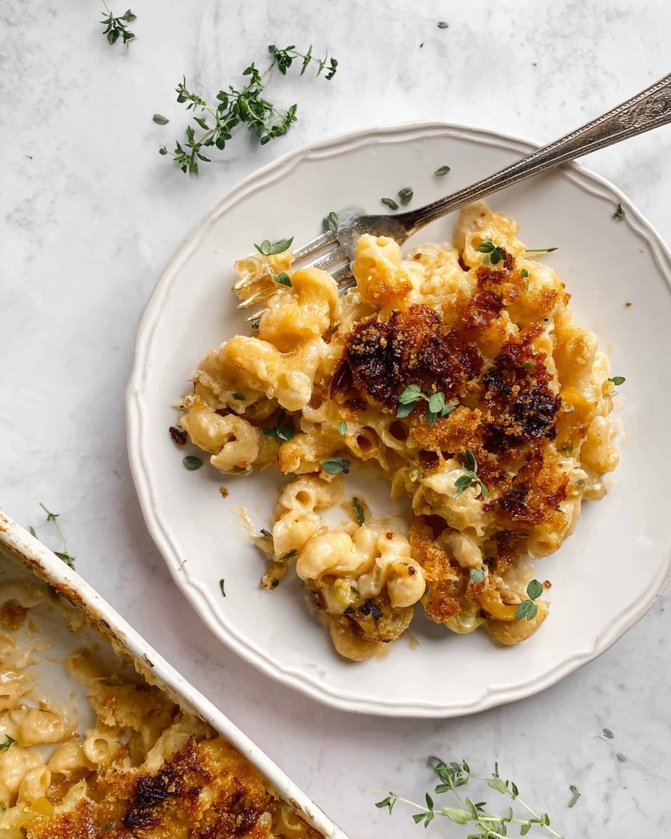 A white plate holds a serving of baked macaroni and cheese with a crispy, golden-brown top layer of melted cheese and breadcrumbs, showing some darker toasted spots. The macaroni underneath is coated in creamy, light yellow cheese sauce with slightly browned edges. Small green herb leaves are scattered on top and around the dish for garnish. A fork rests on the plate with some macaroni and cheese on it, and part of a white dish filled with more of the macaroni and cheese is visible at the plate's edge. The background is a white marbled texture. photo taken with an iphone --ar 4:5 --v 7