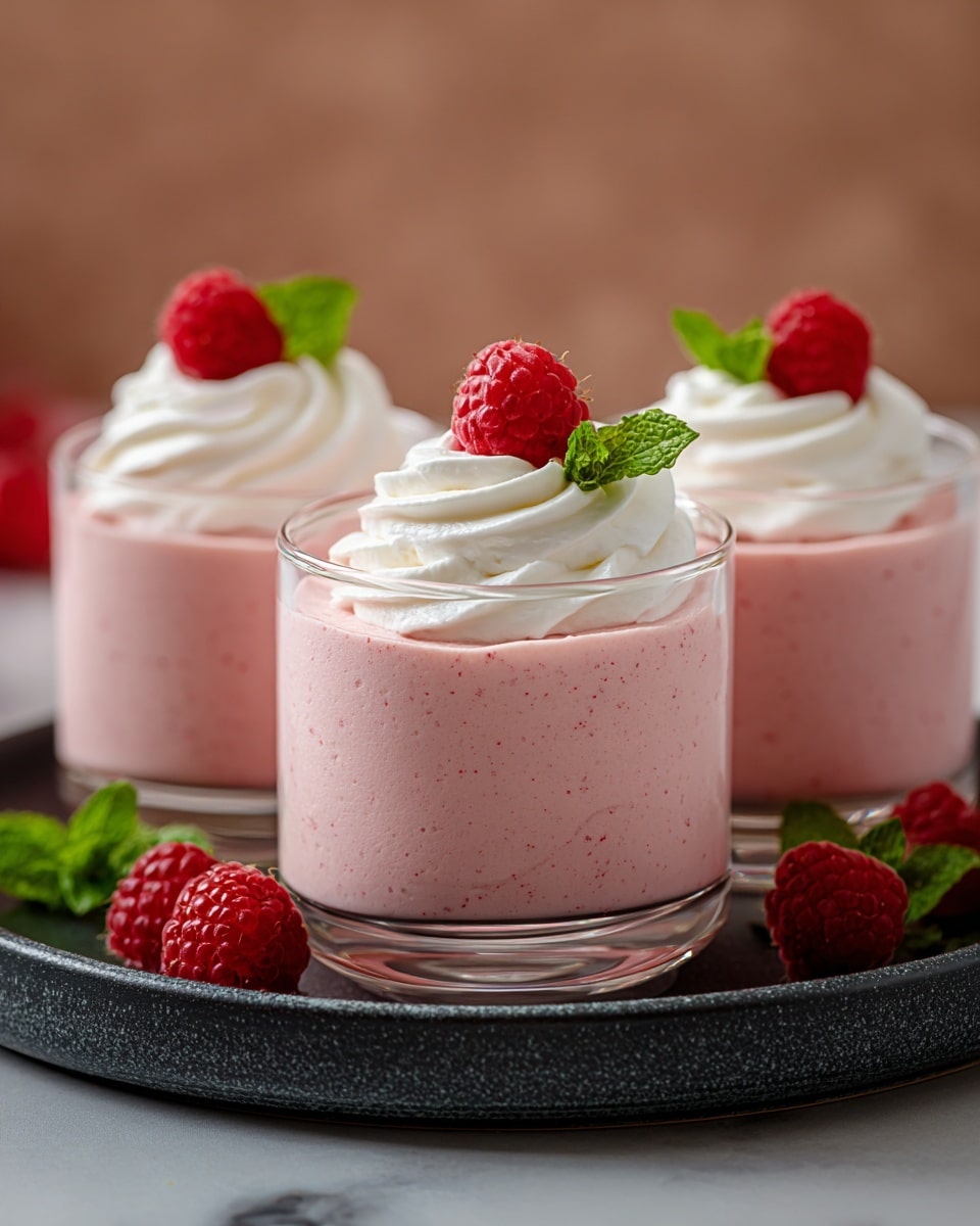 The image shows three clear glass cups filled with a smooth, creamy pink mousse that has tiny darker specks inside. Each mousse layer fills about four-fifths of the cup. On top of the mousse is a thick swirl of white whipped cream, about one-fifth the height of the mousse layer. Each swirl is decorated with two fresh red raspberries and a small sprig of green mint leaves placed slightly to the side. The cups are set on a round dark plate, with a few extra raspberries and mint leaves scattered around. The background has a soft, warm look. The surface under the plate is a white marbled texture. photo taken with an iphone --ar 4:5 --v 7