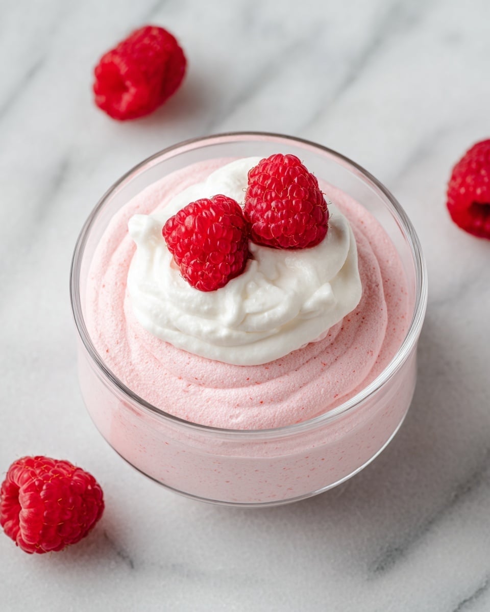 The image shows a clear glass bowl filled with two layers: the bottom layer is a light pink, fluffy mousse with a smooth, airy texture, and on top is a smaller dollop of white whipped cream with a soft, creamy texture. Three fresh red raspberries are placed neatly on the whipped cream. The bowl sits on a white marbled surface, and two loose raspberries are scattered nearby for decoration. Photo taken with an iphone --ar 4:5 --v 7