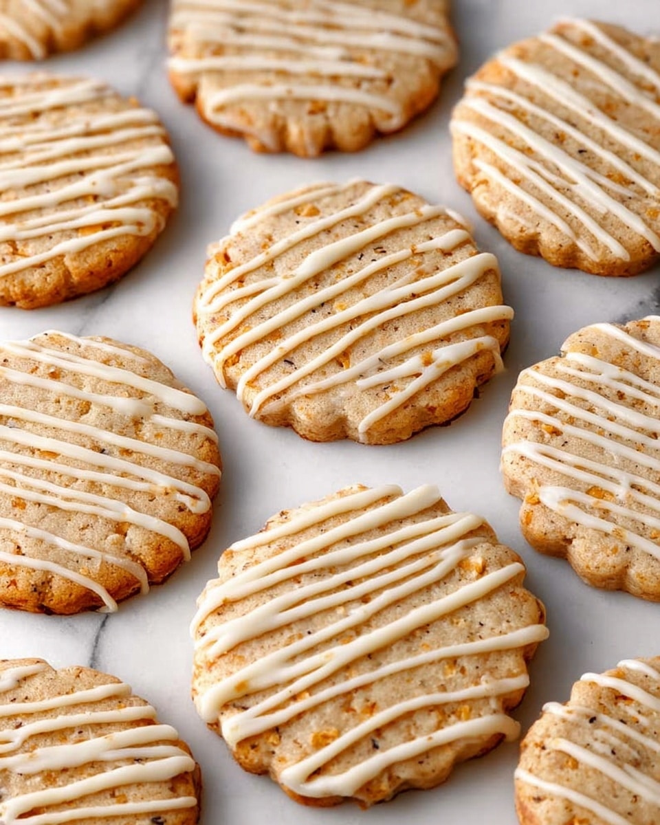 The image shows multiple round cookies with scalloped edges arranged on a white marbled surface. Each cookie is a light golden brown color with tiny darker specks and has a drizzle of white icing on top, creating thin to slightly thick streaks that cross the surface unevenly. The cookies have a smooth texture with visible bits embedded in the dough, and they are spaced evenly with no overlap, giving a clean and simple look. Photo taken with an iphone --ar 4:5 --v 7