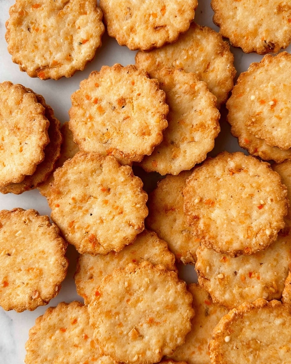 A close-up view of many round, golden-brown crackers with scalloped edges, each showing small bits of seasoning or ingredients spread evenly throughout the surface. The crackers have a slightly rough texture with some visible grains and seasoning flecks in shades of orange and brown. They are piled closely together, filling the frame, all resting on a white marbled surface. photo taken with an iphone --ar 4:5 --v 7