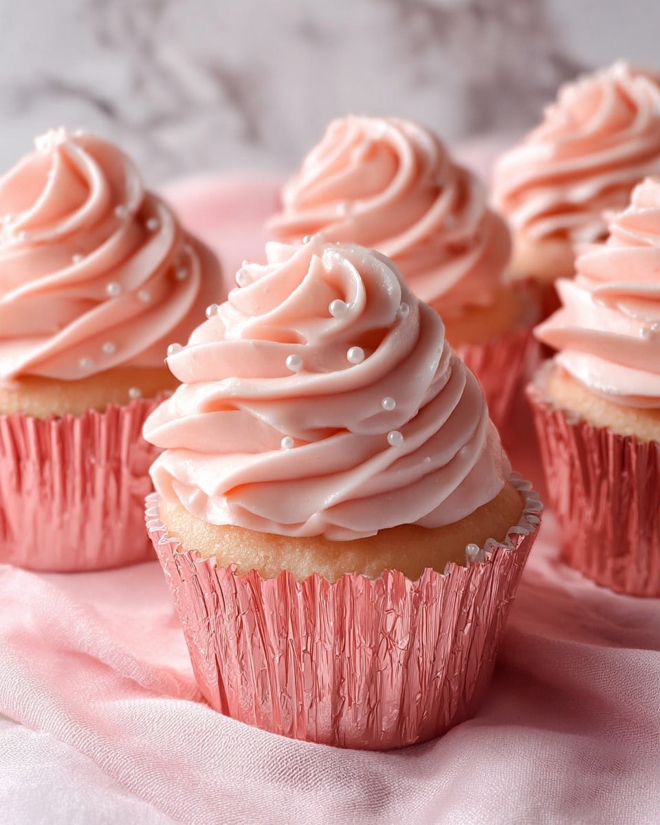 The image shows several cupcakes with three main parts: a pale pink cake base wrapped in shiny metallic pink liners with crinkled texture, a large swirl of smooth, light pink frosting piled high above the cupcake in thick, curved layers, and small shiny pearl-like sprinkles scattered on top of the frosting. The cupcakes are placed closely together on a soft light pink cloth, with a white marbled surface in the background. photo taken with an iphone --ar 4:5 --v 7