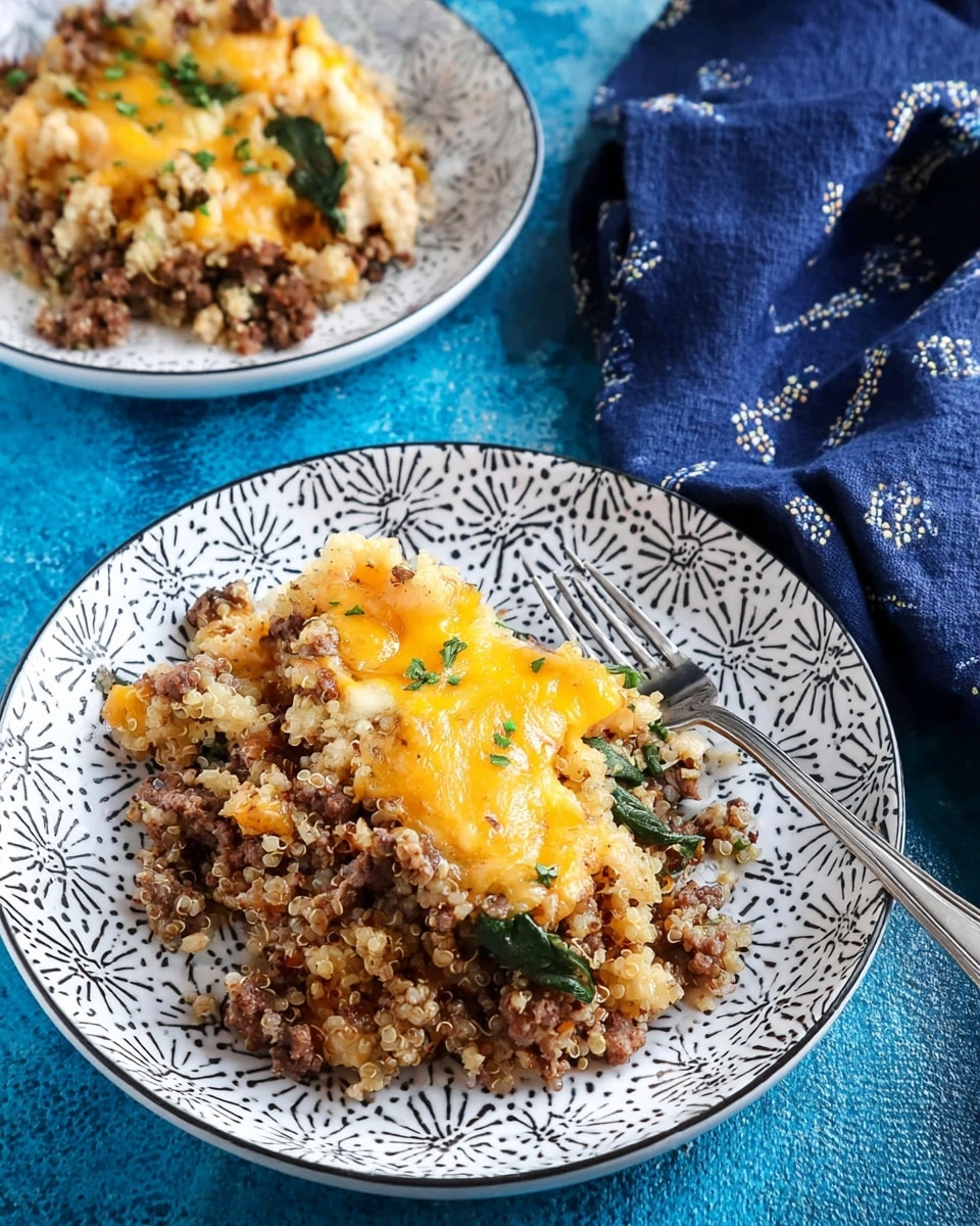 The image shows two white plates with black geometric patterns, each holding a serving of a layered casserole. The dish has a bottom layer of dark brown cooked ground meat mixed with small onion pieces, topped by a layer of cooked quinoa that is light brown with visible spinach leaves scattered throughout. The top layer consists of melted yellow and white cheese, slightly browned and covering part of the quinoa layer. A silver fork is resting on the right side of the front plate. The plates sit on a bright blue textured surface with a folded navy blue cloth featuring small white patterns near the edges. photo taken with an iphone --ar 4:5 --v 7