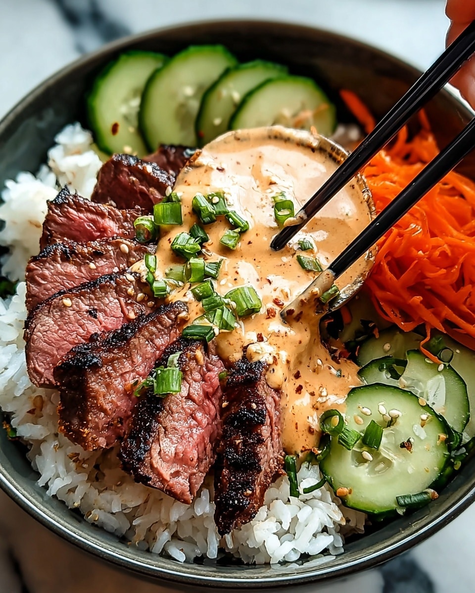 A close-up shows a bowl with three main layers: the bottom layer is shiny white rice with soft texture, the middle layer is sliced steak cooked medium rare with a dark grilled crust and pink center, neatly arranged in a fan shape, and the top layer is a creamy tan sauce with specks of seasoning drizzled over the steak, garnished with small green onion pieces. Around the steak, there are crisp cucumber slices with light green skin and translucent centers, and shredded bright orange carrots on the side. A pair of black chopsticks held by a woman's hand is lifting some steak with sauce from the bowl, which sits on a white marbled surface. photo taken with an iphone --ar 4:5 --v 7