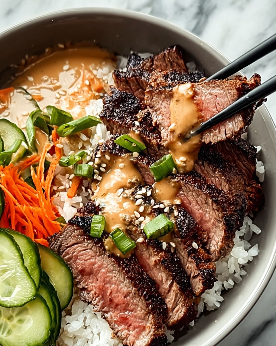 A bowl shows four thick slices of grilled steak with a dark brown crust and pink inside, laid over a bed of white rice. On top of the steak is a light brown creamy sauce drizzled unevenly. Around the steak, on the rice, there are thin orange carrot strips, two thick slices of green cucumber, and small pieces of chopped green onion, with white sesame seeds scattered on the steak and veggies. Black chopsticks hold a piece of steak with some sauce on it. The bowl is white and the background is a white marbled texture. photo taken with an iphone --ar 4:5 --v 7