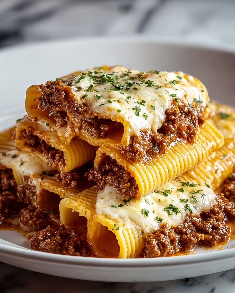 The dish shows four thick, tube-shaped pasta pieces stacked in a two-layer pyramid on a white plate, filled and topped with a rich, meaty sauce with visible ground beef. The pasta has ridged surfaces and is golden yellow with a soft texture. The bottom layer is fully covered in the meat sauce, which slightly spills out at the edges. The top layer of pasta is covered with melted, creamy white cheese sprinkled with finely chopped green herbs. The background is a white marbled surface, giving a clean and simple look. photo taken with an iphone --ar 4:5 --v 7