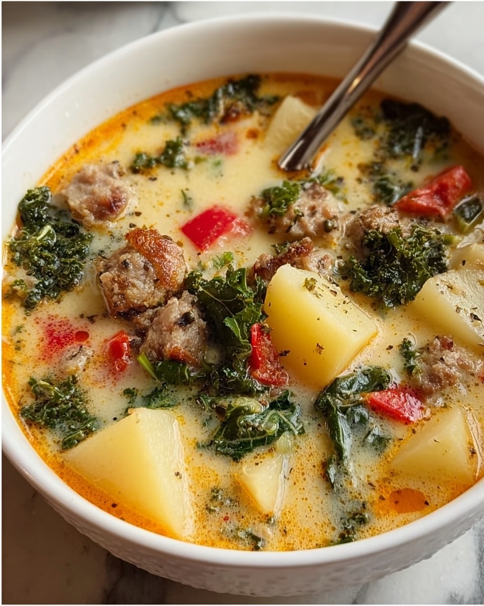 A white bowl filled with a creamy soup showing about four layers of ingredients: large chunks of light yellow potatoes, small browned sausage pieces, bright green kale leaves, and small red bell pepper pieces. The soup broth is pale yellow with a slightly oily orange tint around the edges, seasoned with visible herbs and black pepper on the surface. A silver spoon partially rests inside the bowl, and the bowl sits on a white marbled surface. photo taken with an iphone --ar 4:5 --v 7