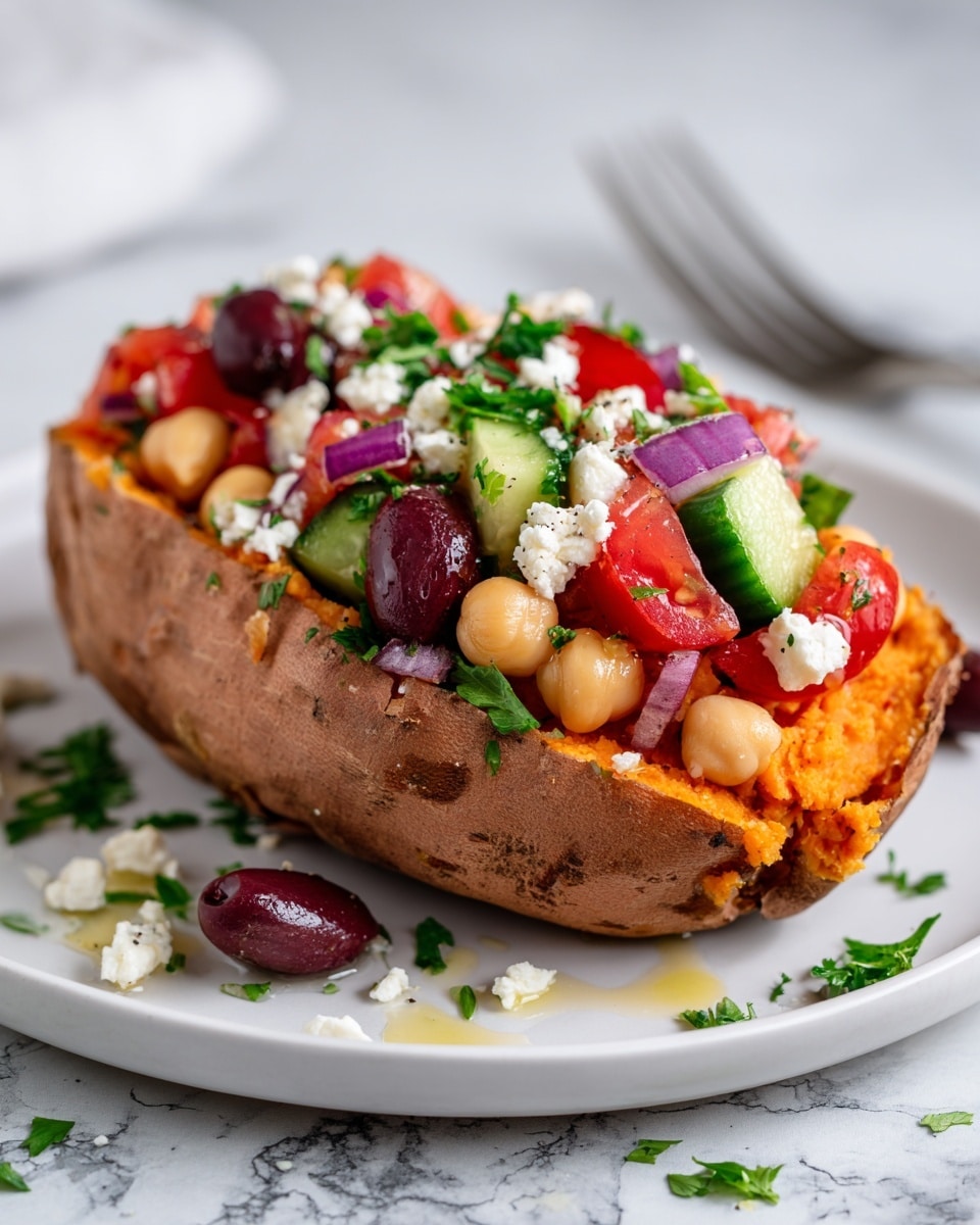 The image shows a baked sweet potato cut open and filled with several colorful layers. The first layer is the orange inside of the sweet potato with a soft texture, sitting on a white plate. On top of that, there is a fresh mix of chopped red cherry tomatoes, pale beige chickpeas, dark purple olives, bright green cucumber cubes, and small pieces of red onion, all mixed together. White crumbled feta cheese is sprinkled over the top, with green parsley scattered for garnish. A drizzle of olive oil adds a slight shine on the ingredients. The background is a white marbled texture with a slightly blurred silver fork in the back. Photo taken with an iphone --ar 4:5 --v 7