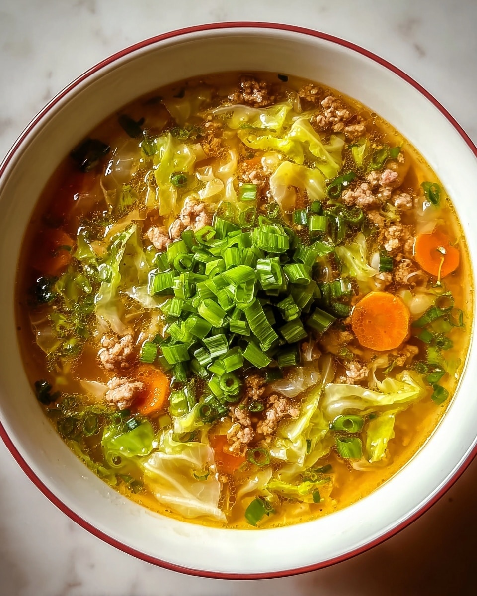 A white bowl with a thin red rim is filled with a soup made of several layers. The base is a clear golden broth with small bits of minced meat scattered throughout. Floating in the broth are pieces of light green cabbage and thin orange carrot slices. On top, there is a mound of chopped fresh green onions adding a bright pop of green in the center. The soup surface glistens with a light layer of oil, highlighting the textures of the vegetables and meat. The bowl sits on a white marbled textured surface. photo taken with an iphone --ar 4:5 --v 7