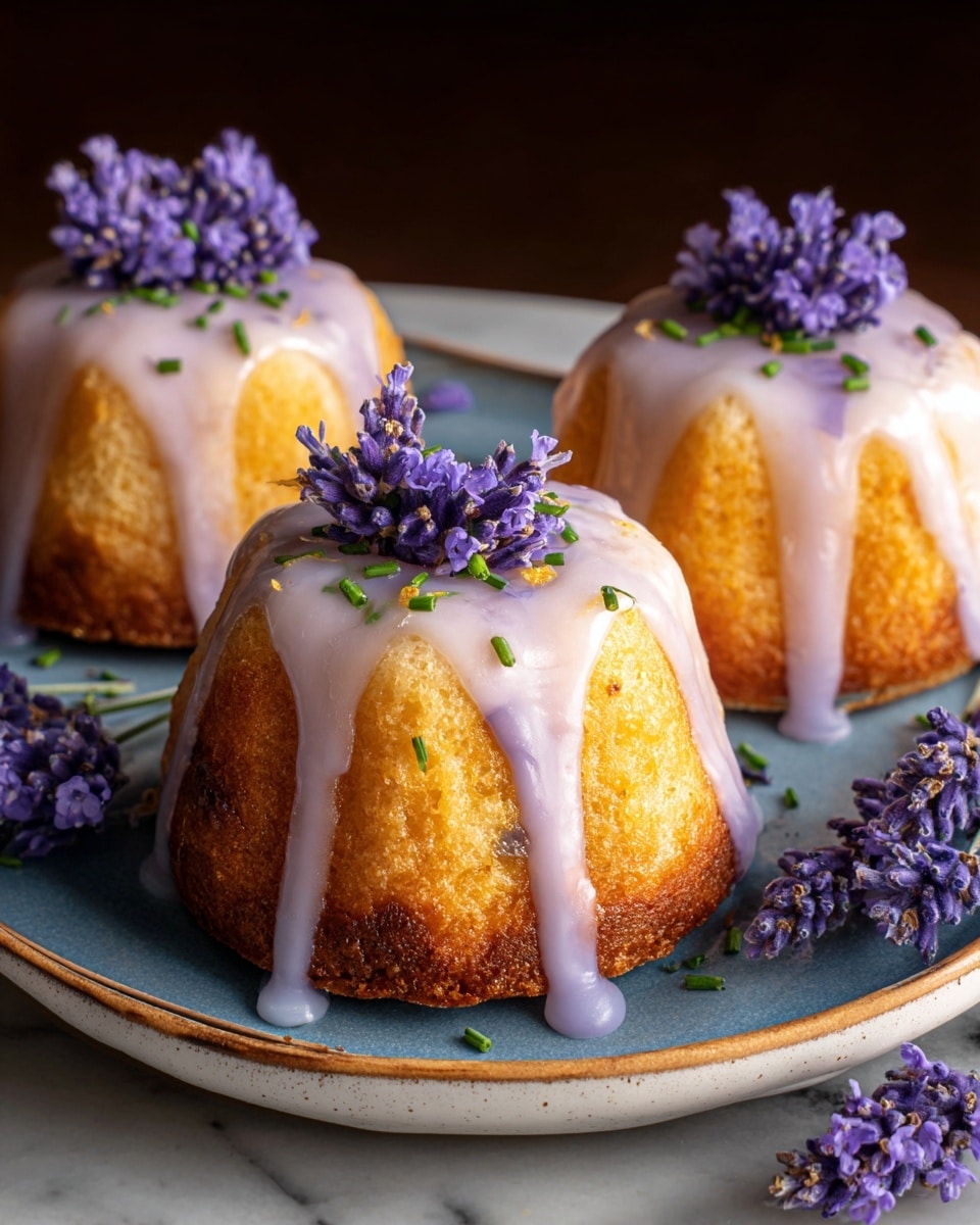 Three small bundt cakes with a golden brown outside sit on a white plate with a blue inner surface. Each cake has a smooth, pale purple glaze dripping down the sides. On top of each cake is a small bunch of purple lavender flowers and tiny green chive pieces scattered on the glaze. Additional lavender flowers are placed around the cakes on the plate. The plate is on a white marbled surface. photo taken with an iphone --ar 4:5 --v 7