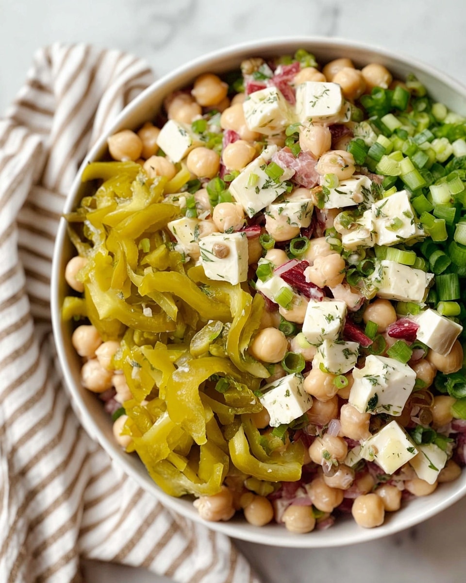 A close-up view of a bowl filled with a mixed salad showing about five layers: the base layer has small, round, beige chickpeas with smooth texture; scattered throughout are cubes of white cheese with a soft, creamy surface; bright green chopped scallions add a fresh contrast, while the top layer has slices of yellow-green pickled peppers with a shiny surface and some dark green chopped herbs sprinkled evenly. The bowl is white and sits on a white marbled surface with a striped cloth partially visible beside it. photo taken with an iphone --ar 4:5 --v 7