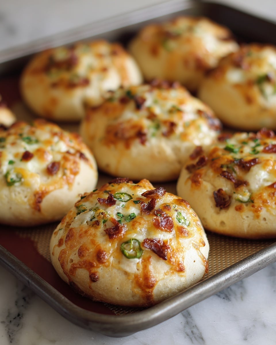 The image shows a baking tray filled with eight round bread rolls, each topped with melted cheese and small pieces of green jalapeño and browned bits that look like caramelized onions or herbs. The rolls have a light golden-brown crust that looks soft but slightly crisp on top, with some uneven texture from the topping. The rolls are placed closely together on the dark brown silicone baking mat inside a metal baking tray, with the focus on the front-right roll. The background features a blurred white marbled texture surface and kitchen items. photo taken with an iphone --ar 4:5 --v 7