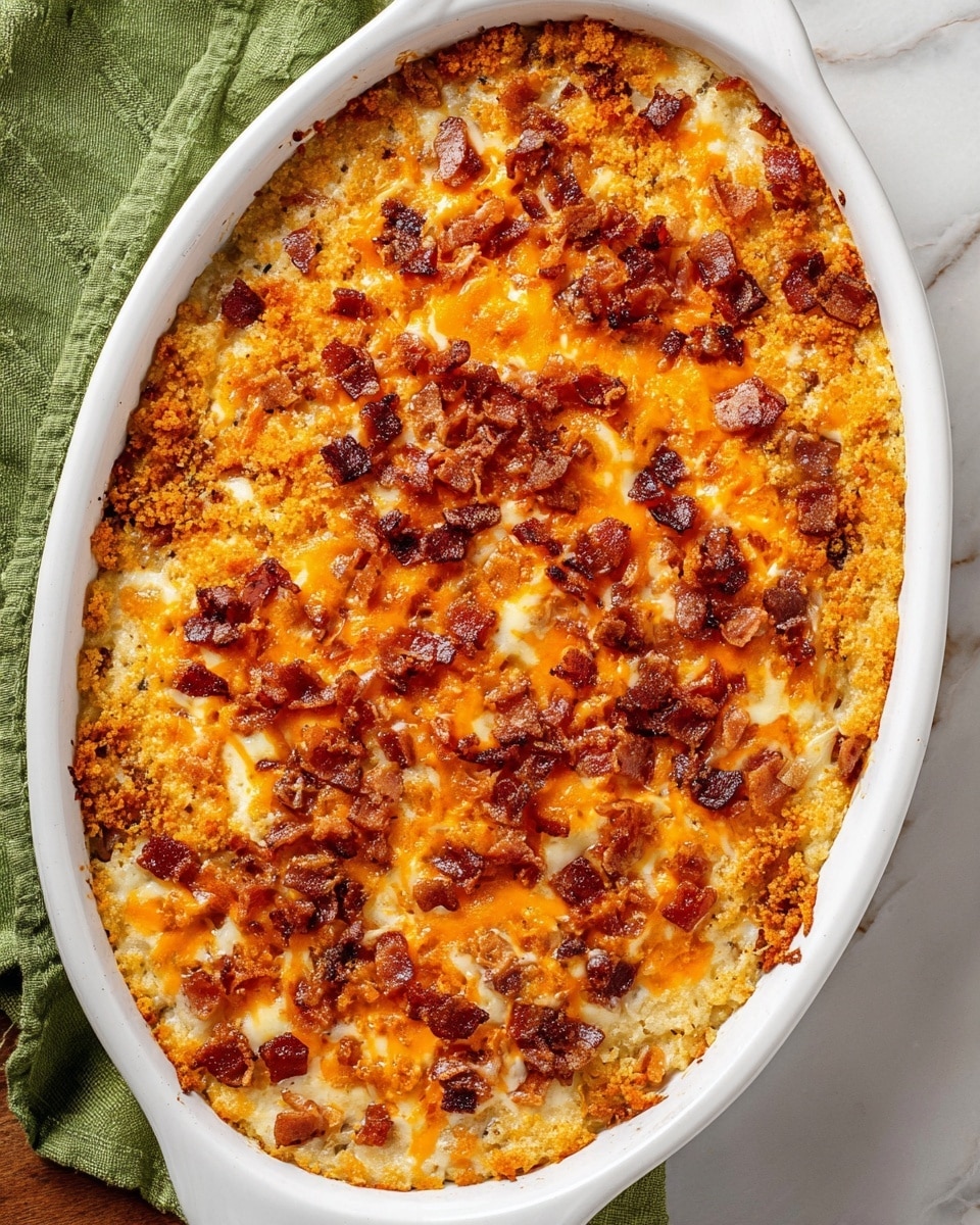 An oval white ceramic baking dish filled with a single-layer baked casserole that has a golden-brown crust. The surface is covered with bright orange crispy cheese bits scattered evenly across the top. Darker browned chunks of bacon pieces are spread throughout, adding a rich, caramelized red-brown texture. Melted white cheese threads are visible, weaving through the top layer, giving a gooey and slightly shiny appearance. The dish sits on a white marbled surface with a green cloth partially visible on the lower left side. photo taken with an iphone --ar 4:5 --v 7