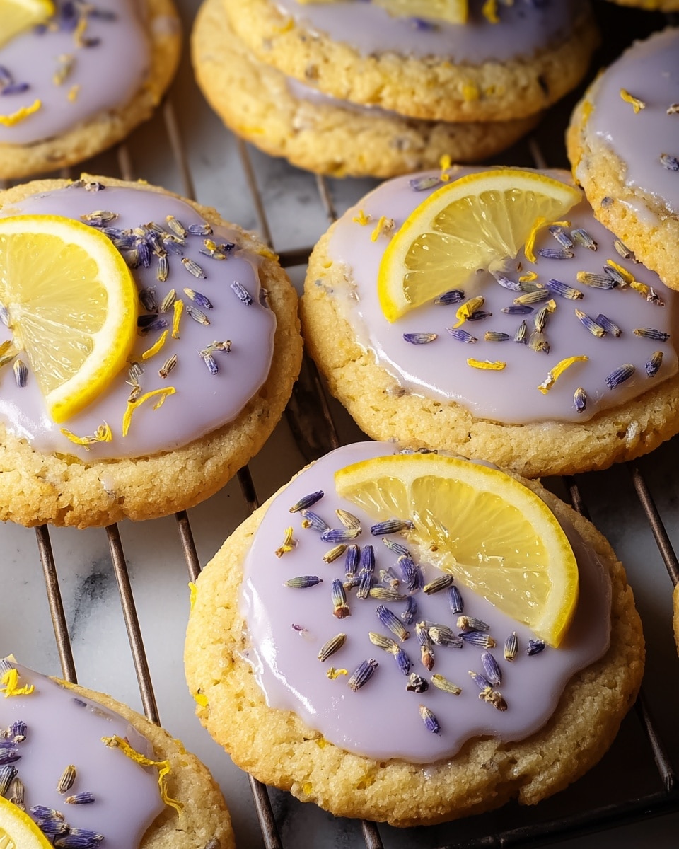 The image shows a group of soft, round cookies arranged on a cooling rack over a white marbled surface. Each cookie has one layer of smooth, light purple icing spread on top, sprinkled evenly with small dried lavender flowers. Some cookies are decorated with a thin, bright yellow lemon slice placed carefully on the icing, adding a fresh pop of color. The cookie base is golden brown with a slightly cracked texture, giving a homemade feel. The overall look is warm and inviting with a nice balance of soft icing and crunchy cookie edges. photo taken with an iphone --ar 4:5 --v 7