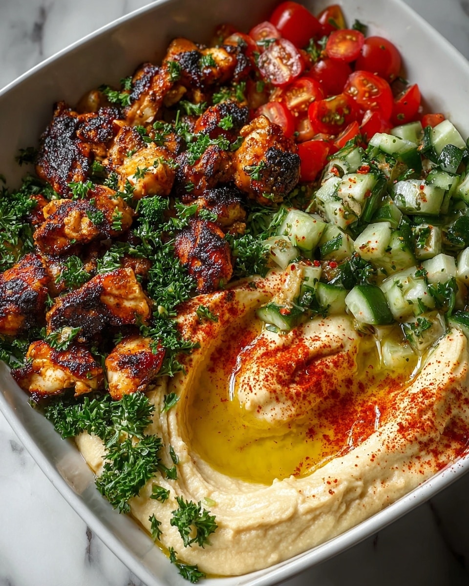 The dish is served in a white square bowl on a white marbled background. It has four parts: on the left side, there are small, charred, golden-brown grilled chicken pieces, topped with chopped green parsley. On the top right, there are bright red cherry tomato halves mixed with green parsley. Next to the tomatoes, chopped cucumber pieces with green parsley and some red spice flakes are visible. On the bottom right, there is smooth, creamy hummus with a well in the center filled with golden olive oil and sprinkled with red pepper powder around the edge. The dish looks fresh and colorful. photo taken with an iphone --ar 4:5 --v 7