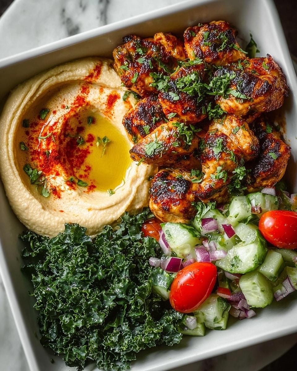 The image shows a white square bowl with four sections of food inside. The bottom left section has smooth, creamy beige hummus topped with red paprika and green herbs, and a small pool of golden oil in the center. The top middle part holds grilled chicken pieces, golden brown and charred with a glossy finish, sprinkled with chopped green herbs. To the right, there is a fresh salad made of chopped cucumbers, red onions, and tomatoes, all mixed together in small, colorful cubes. The left side contains dark green kale leaves mixed with bright red cherry tomato halves. The bowl is placed on a white marbled surface. photo taken with an iphone --ar 4:5 --v 7
