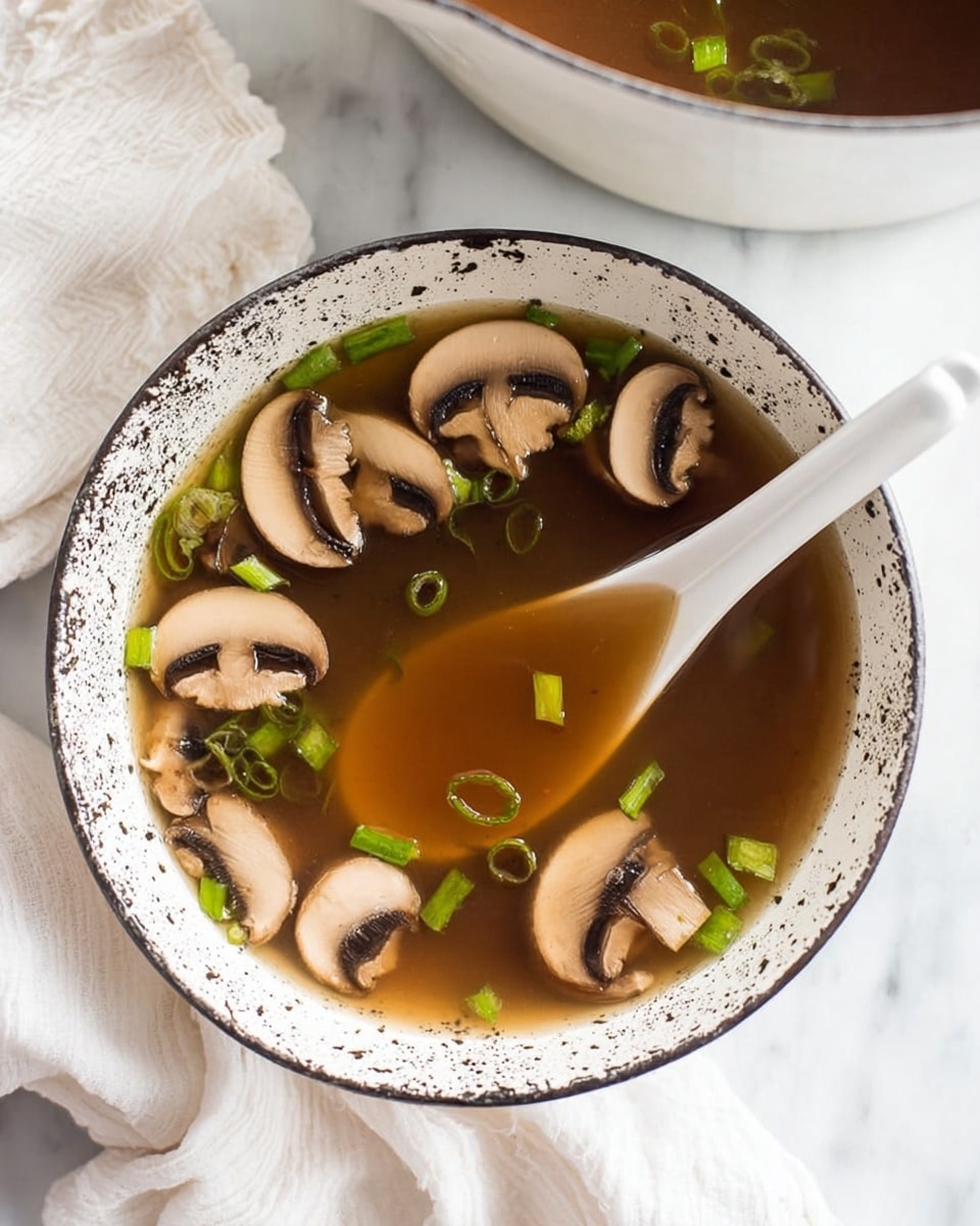 A white bowl with black speckled edges is filled with clear brown broth. Floating on the surface are seven light brown sliced mushrooms with visible gills and green chopped scallions. A white ceramic spoon rests in the bowl, partly submerged in the soup, showing the broth’s smooth texture. The bowl sits on a white marbled surface with a white cloth napkin nearby and part of a white pot in the background. photo taken with an iphone --ar 4:5 --v 7