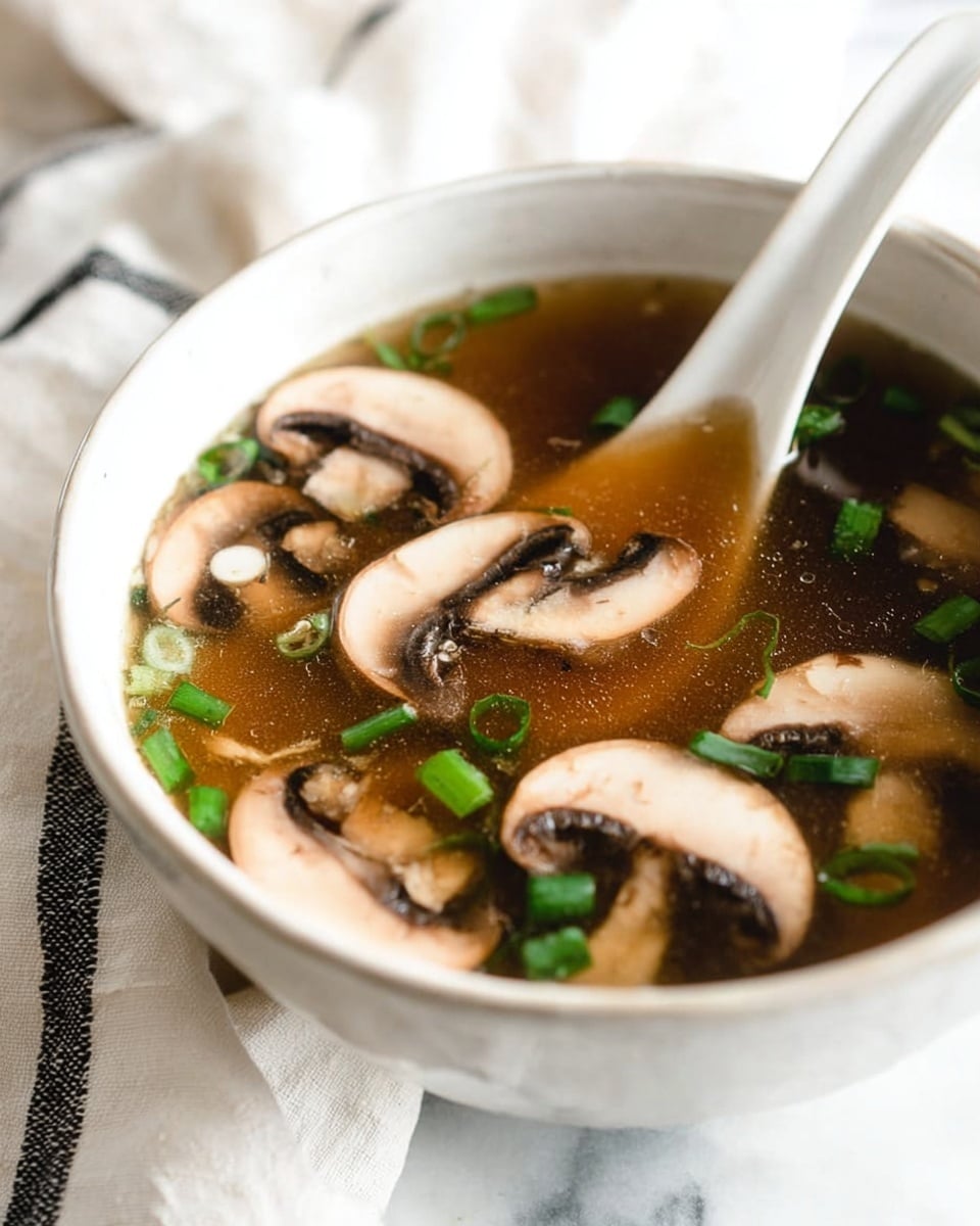 A close-up view of a white bowl filled with clear brown mushroom soup, showcasing several light brown sliced mushrooms floating on top with bright green chopped scallions scattered among them; the soup appears thin with a translucent texture, and a white ceramic spoon rests inside the bowl. The bowl is placed on a white marbled surface with a white cloth featuring a black stripe nearby. photo taken with an iphone --ar 4:5 --v 7