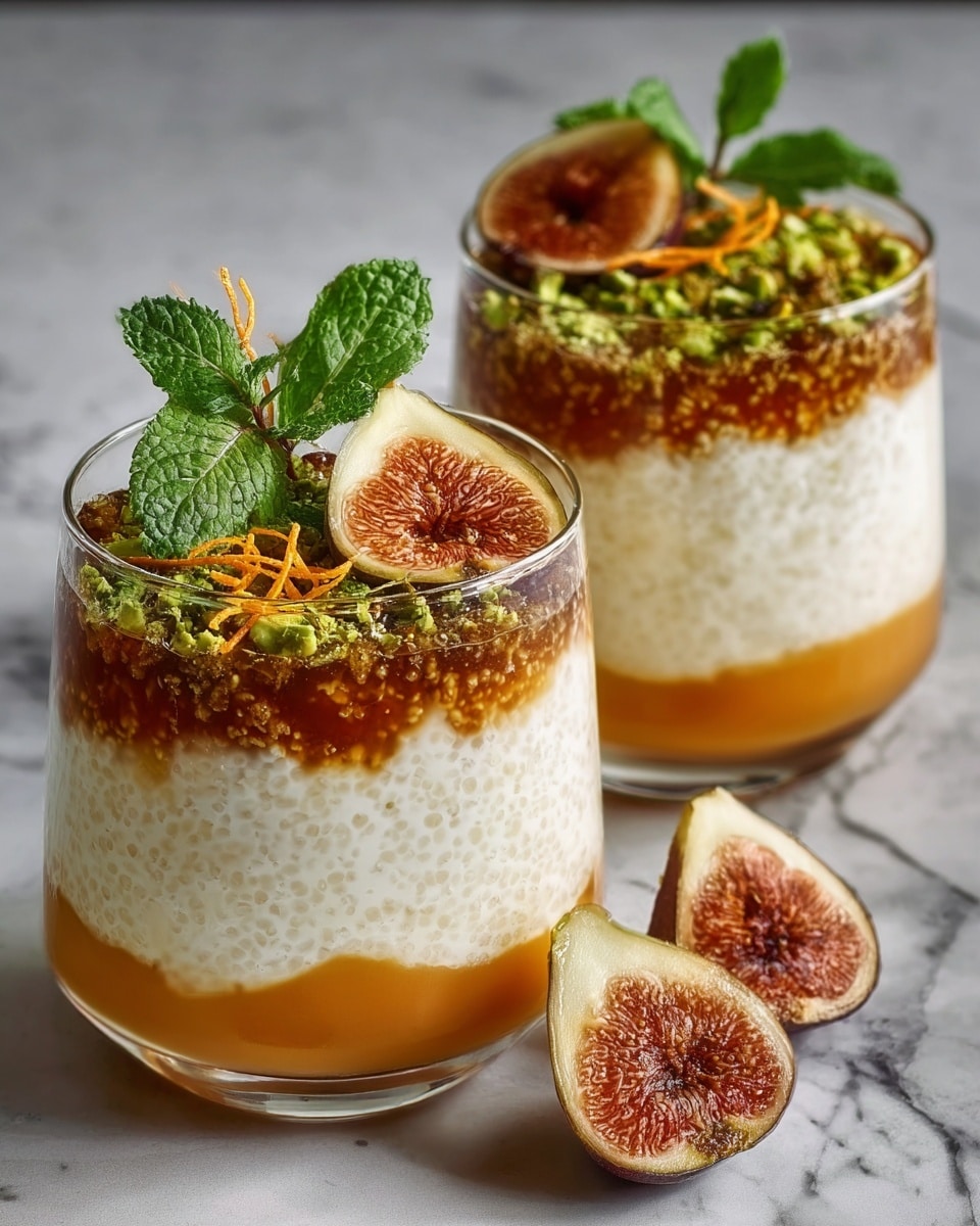 Two clear glasses show three layers of a dessert placed on a white marbled surface. The bottom layer is smooth and orange, the middle layer is creamy white with a grainy texture, and the top layer is a mix of brown syrup and crushed green nuts. Each glass is topped with a small slice of fig, fresh green mint leaves, and a few strands of orange zest. Two fig slices rest on the surface nearby. photo taken with an iphone --ar 4:5 --v 7