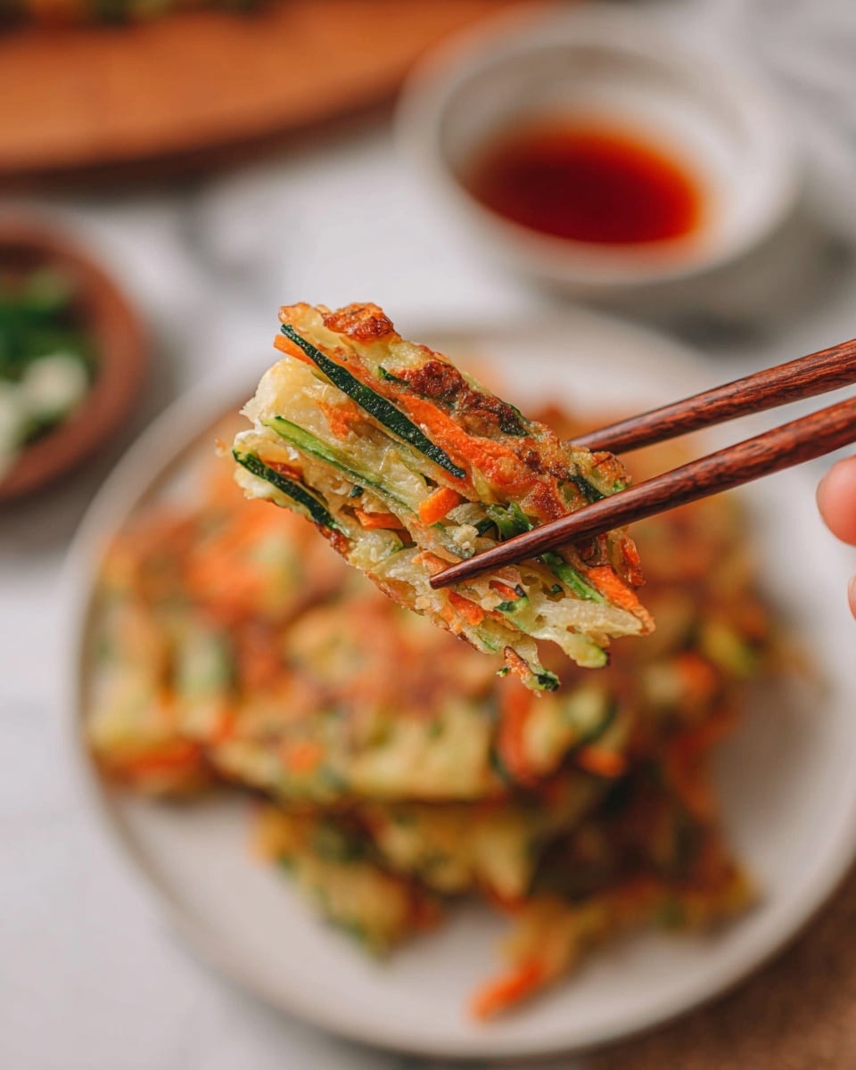 A close-up shows a piece of vegetable pancake held by wooden chopsticks, highlighting layers of light golden-brown batter mixed with green zucchini strips, bright orange carrot slivers, and green scallions, giving a textured, slightly crispy look. Below, a white plate holds more pieces of the pancake, with a blurred white marbled surface beneath it. A bowl of dipping sauce appears softly out of focus in the background. The woman's hand holding the chopsticks is partially visible. photo taken with an iphone --ar 4:5 --v 7