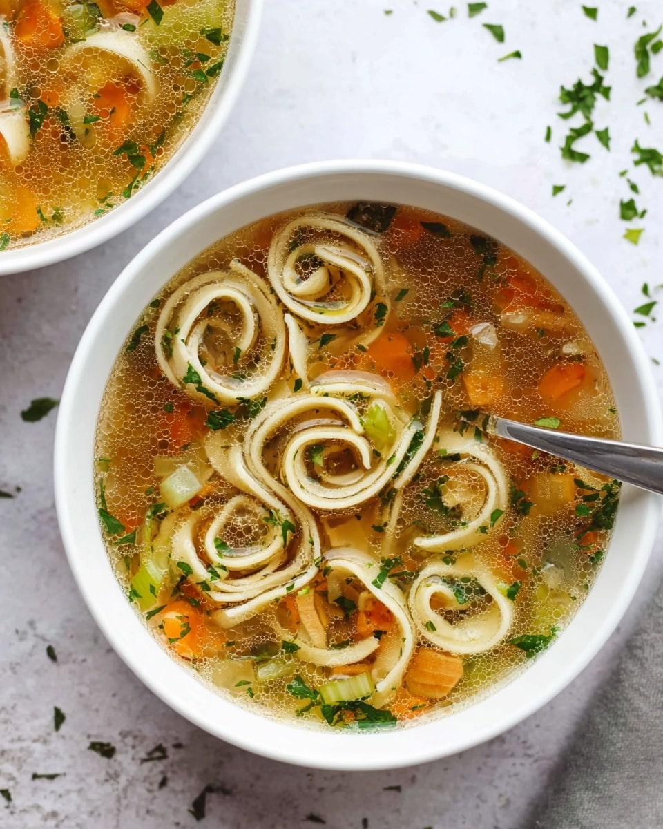 The image shows a white bowl filled with clear broth soup that has several rolled flat noodle spirals floating on the surface. The broth is light brown and translucent with tiny bubbles, and inside it are small pieces of diced orange carrots, light green celery slices, and chopped dark green herbs scattered throughout. A metal spoon rests inside the bowl, partially submerged under the noodles and vegetables. The bowl is set on a white marbled surface with some scattered green herb bits around. Part of another white bowl with the same soup is visible in the upper left corner. Photo taken with an iphone --ar 4:5 --v 7