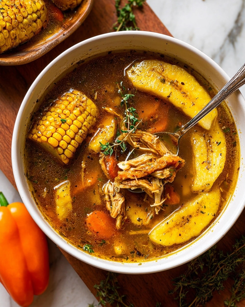 A white bowl filled with a rich soup showing multiple layers: at the bottom, a dark golden-brown broth with small herbs floating; next, bright yellow corn on the cob pieces partially submerged with visible kernels, light orange carrot chunks scattered around, and tender pieces of shredded chicken in light and dark brown shades; yellow plantain slices curve around the side of the bowl; a silver spoon rests inside, holding a piece of chicken and some broth; a small green herb sprig lies on top, adding contrast. The bowl is placed on a wooden surface with an orange pepper and green herbs nearby, all set on a white marbled background. photo taken with an iphone --ar 4:5 --v 7
